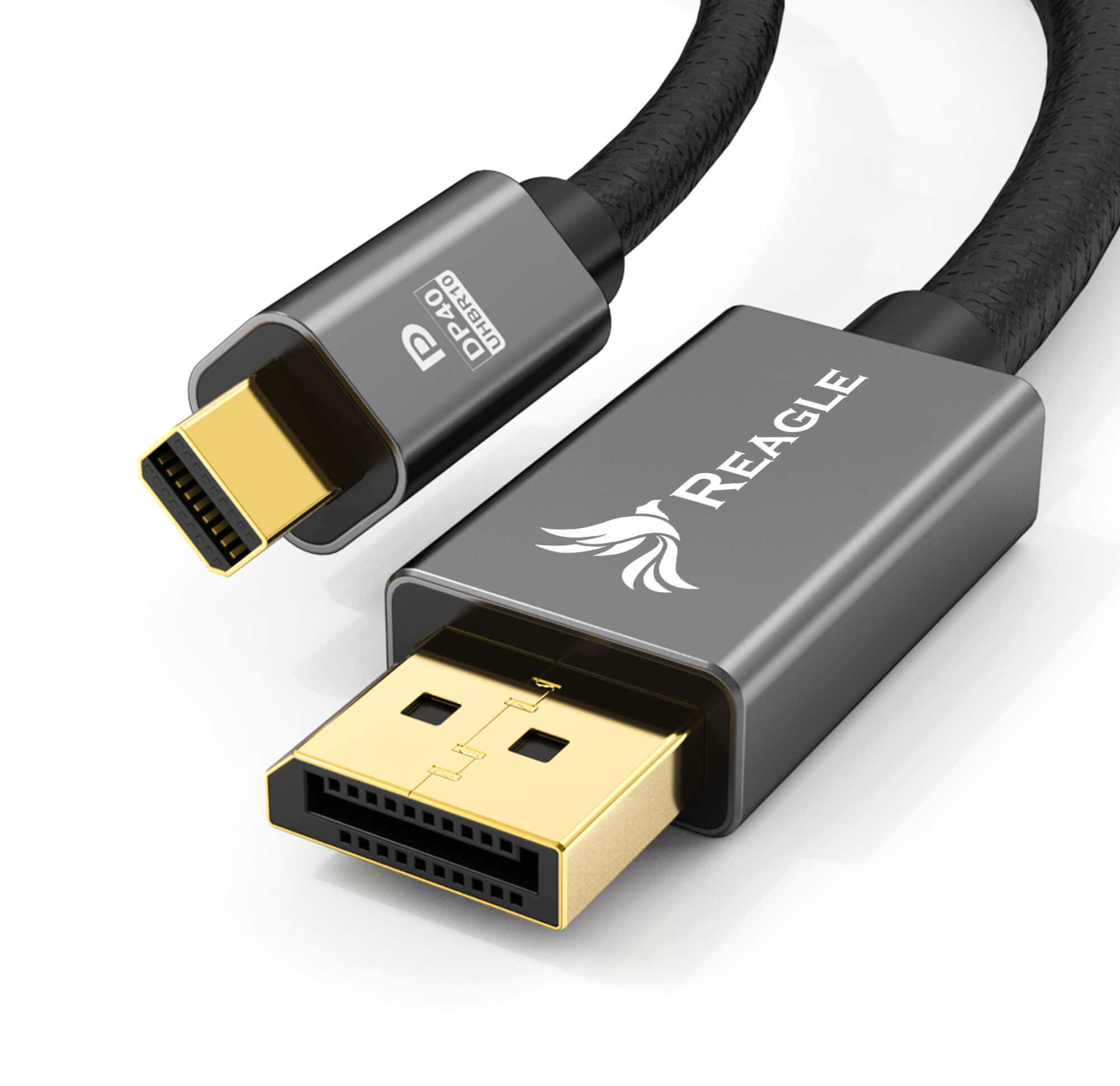 Szary kabel USB-C do DisplayPort, z widocznymi złączami. Białe tło.