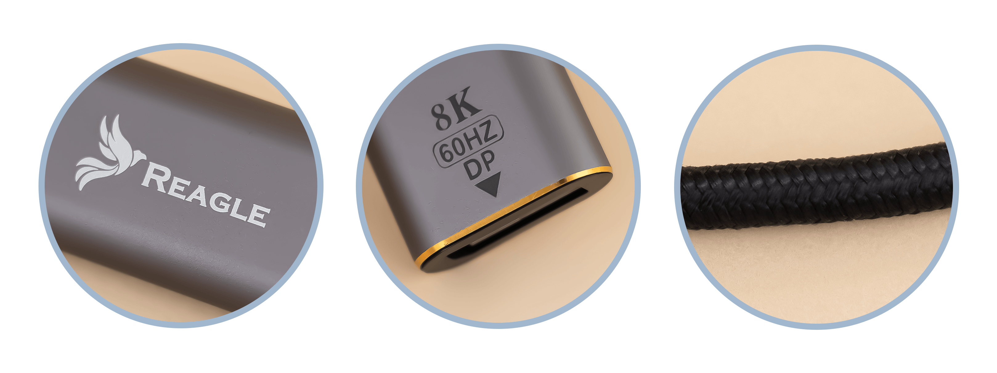 Zbliżenie trzech obiektów: szarego adaptera Reagle, szarego adaptera 8K DP i czarnego kabla.