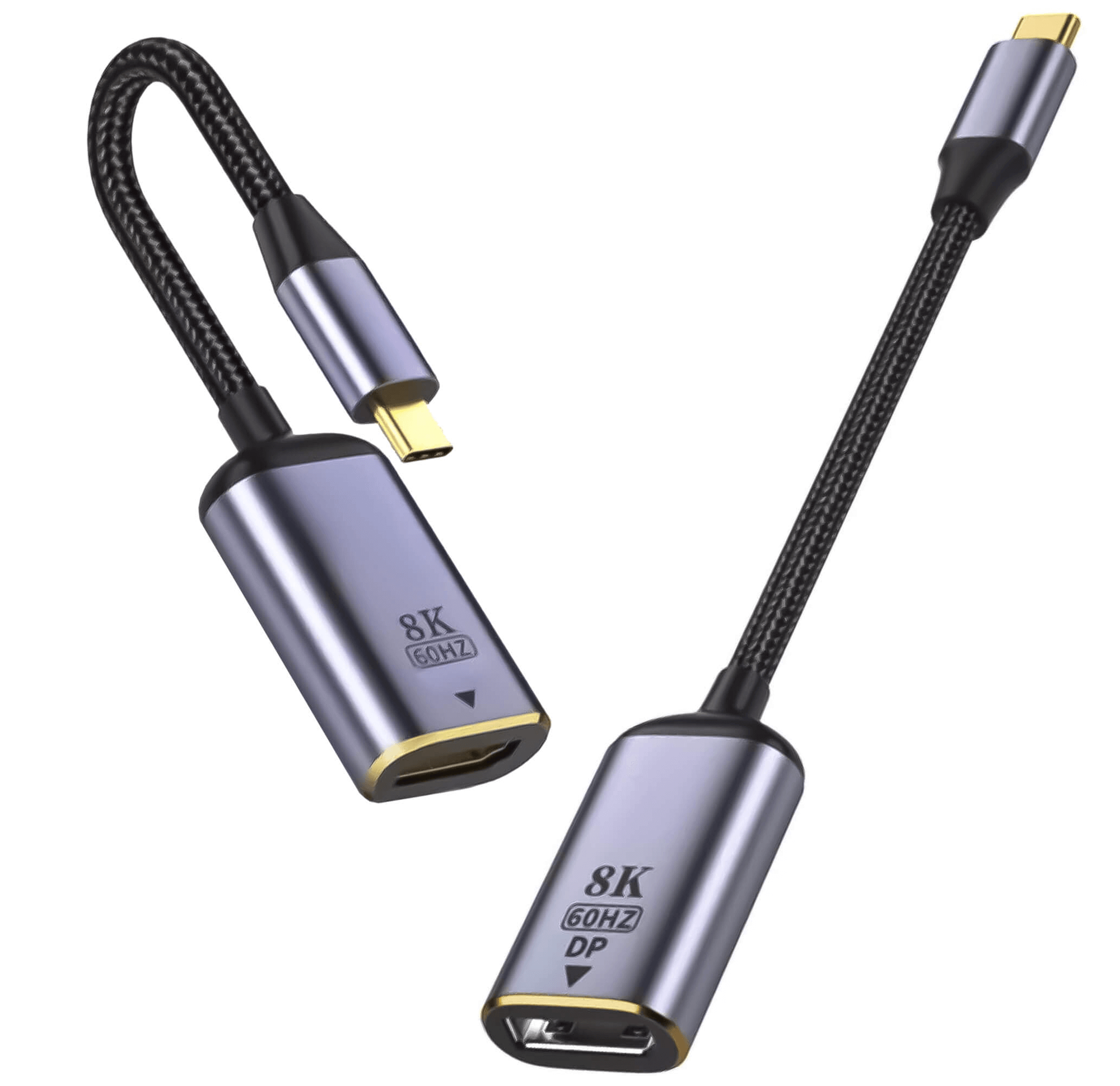 Dwa adaptery USB-C do HDMI, oba srebrne i czarne. Widoczne kable i wtyczki.