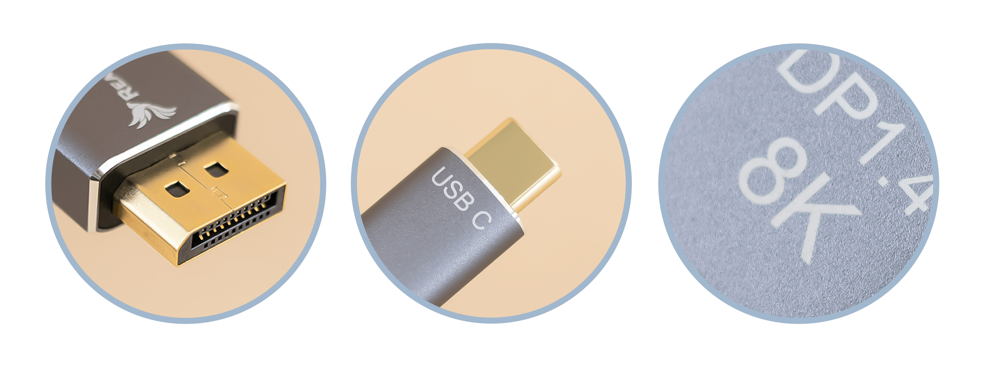 Zbliżenia złącza DisplayPort, złącza USB-C i nadrukowanej etykiety 8K.