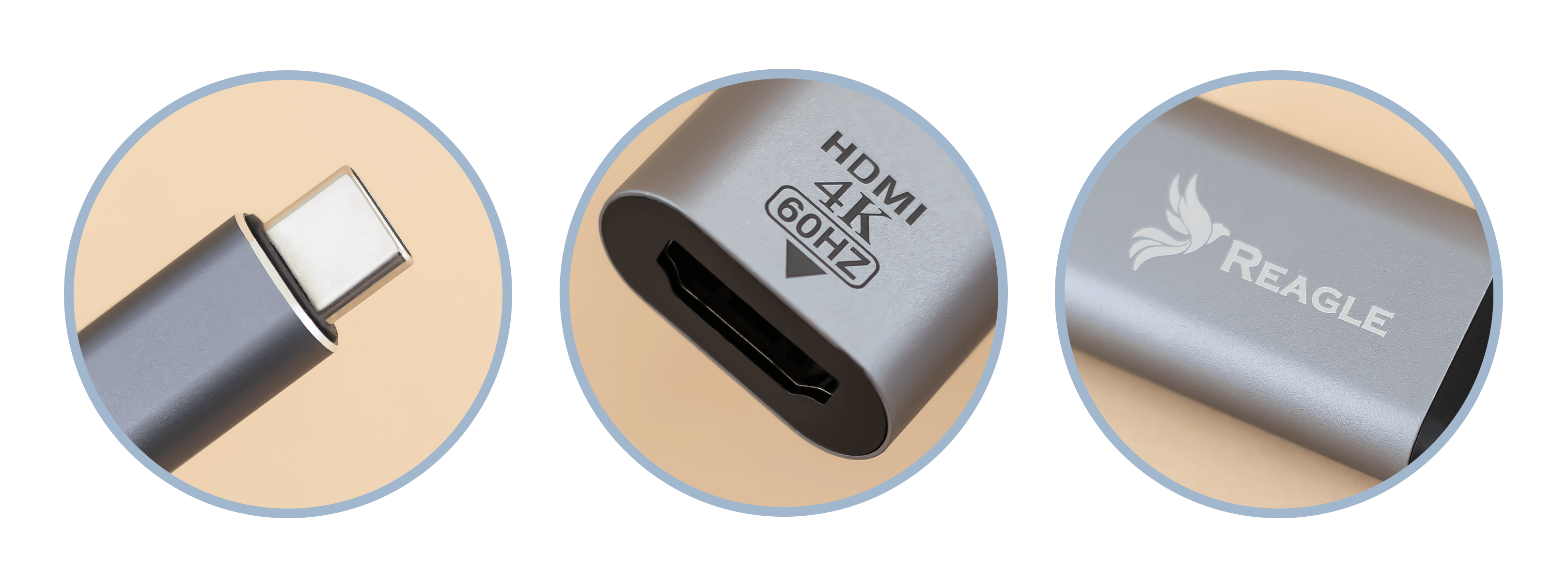 Trzy zbliżenia: Złącze USB-C, port HDMI i logo REAGLE na srebrnym adapterze.