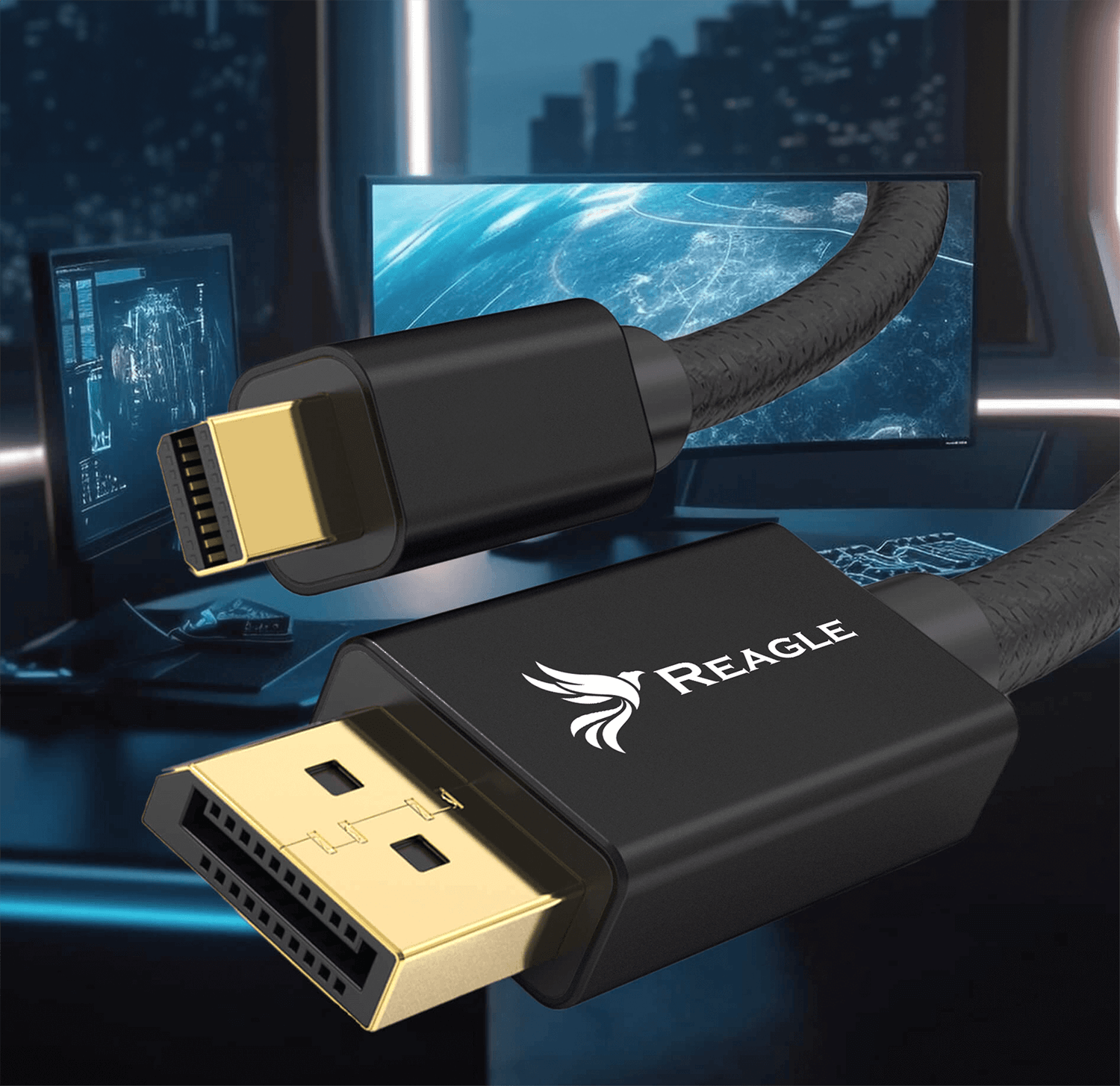 Czarny i złoty kabel DisplayPort. Złącze DisplayPort i złącze USB-C. Rozmyte ekrany w tle.