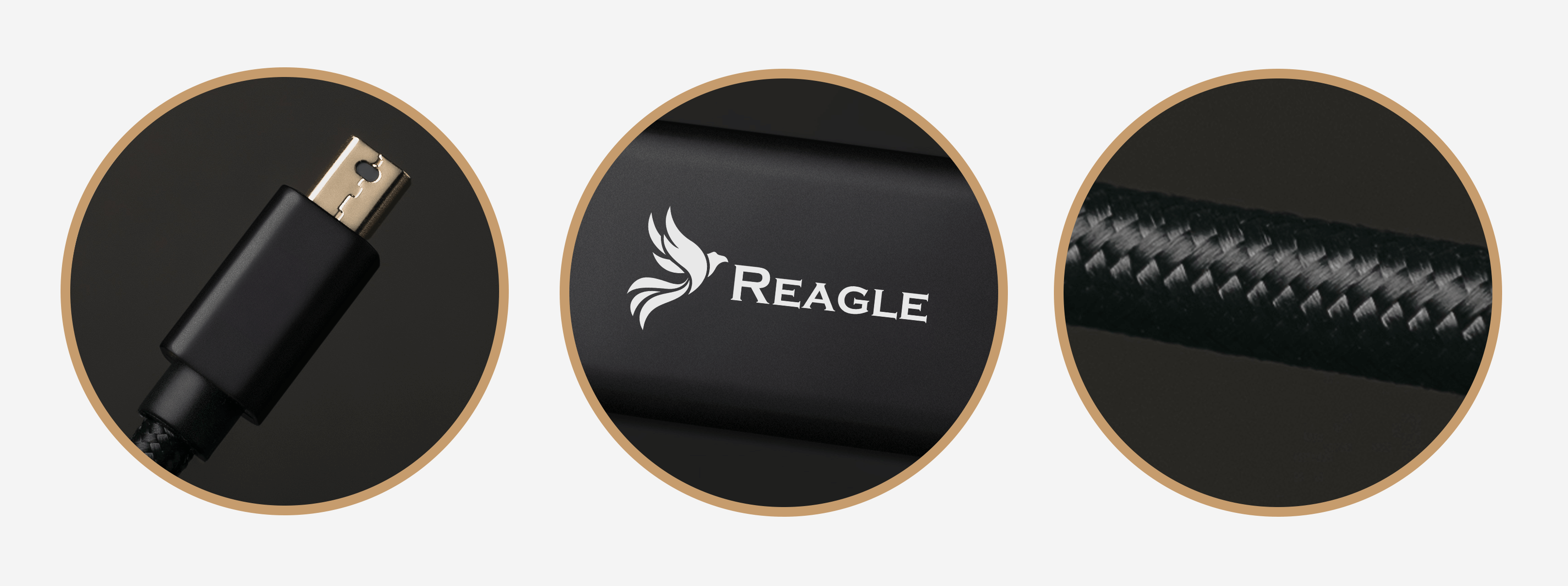 Czarny kabel, złącze i pleciony przewód. Wyświetlana jest nazwa marki.