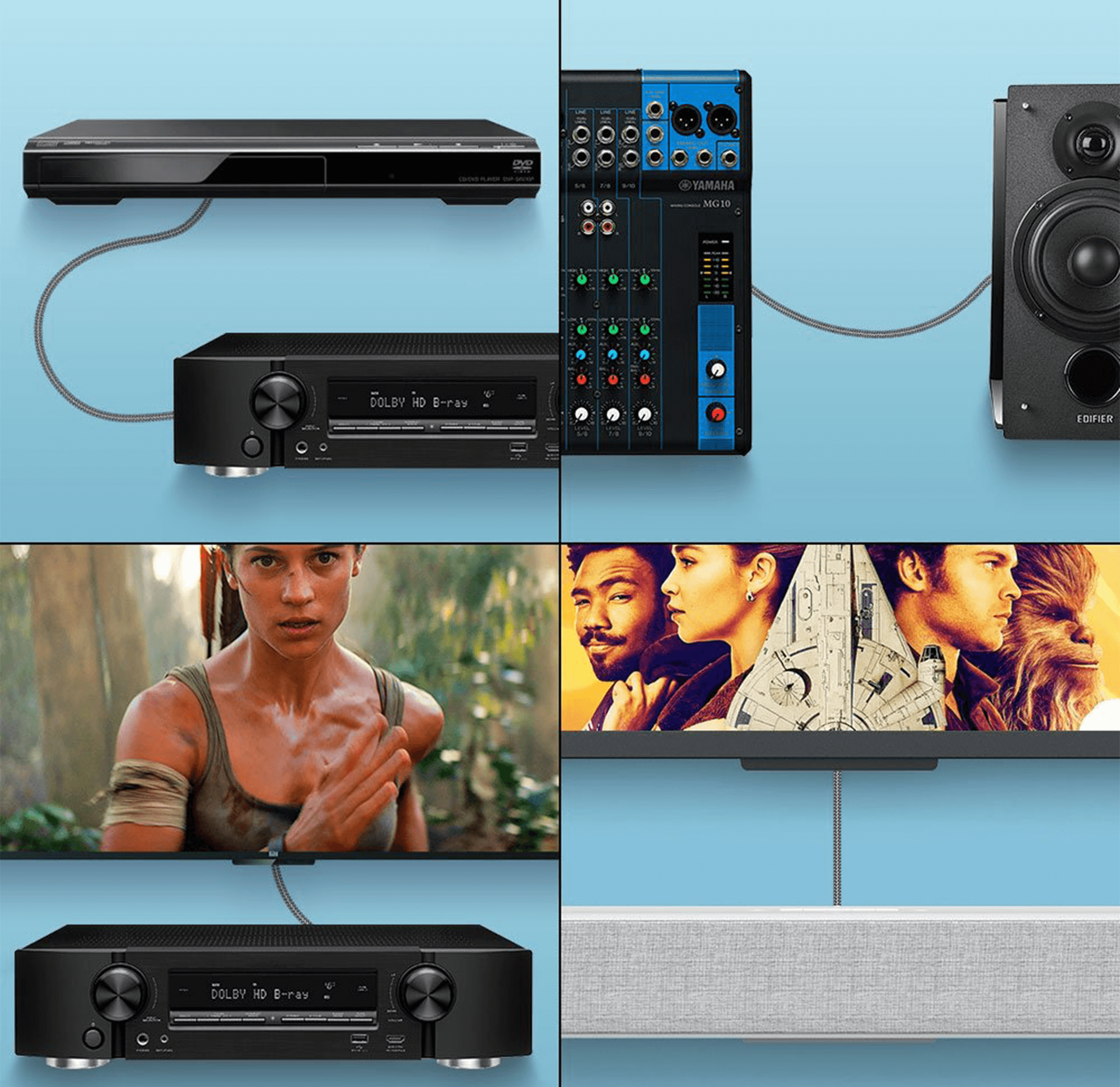 Una raccolta di dispositivi elettronici e cavi, tra cui un lettore DVD, un mixer e un altoparlante.