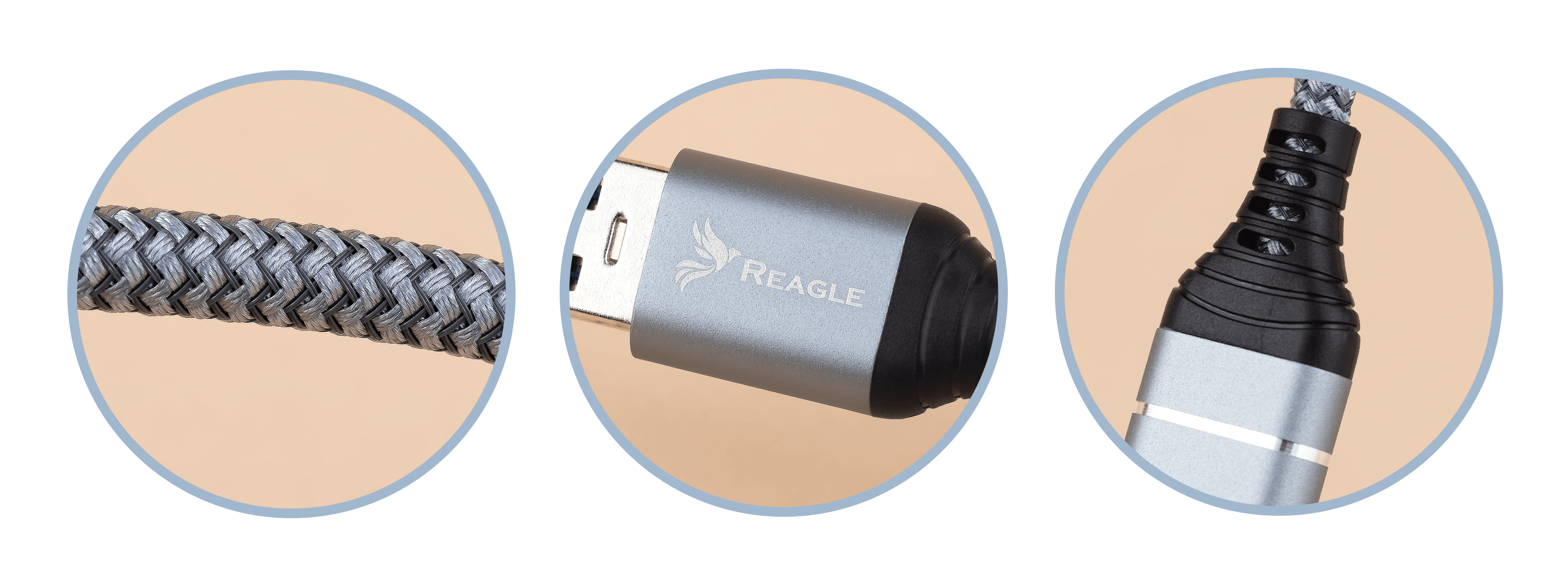 Zbliżenia plecionego kabla USB, złącza USB-C i zakończenia kabla.