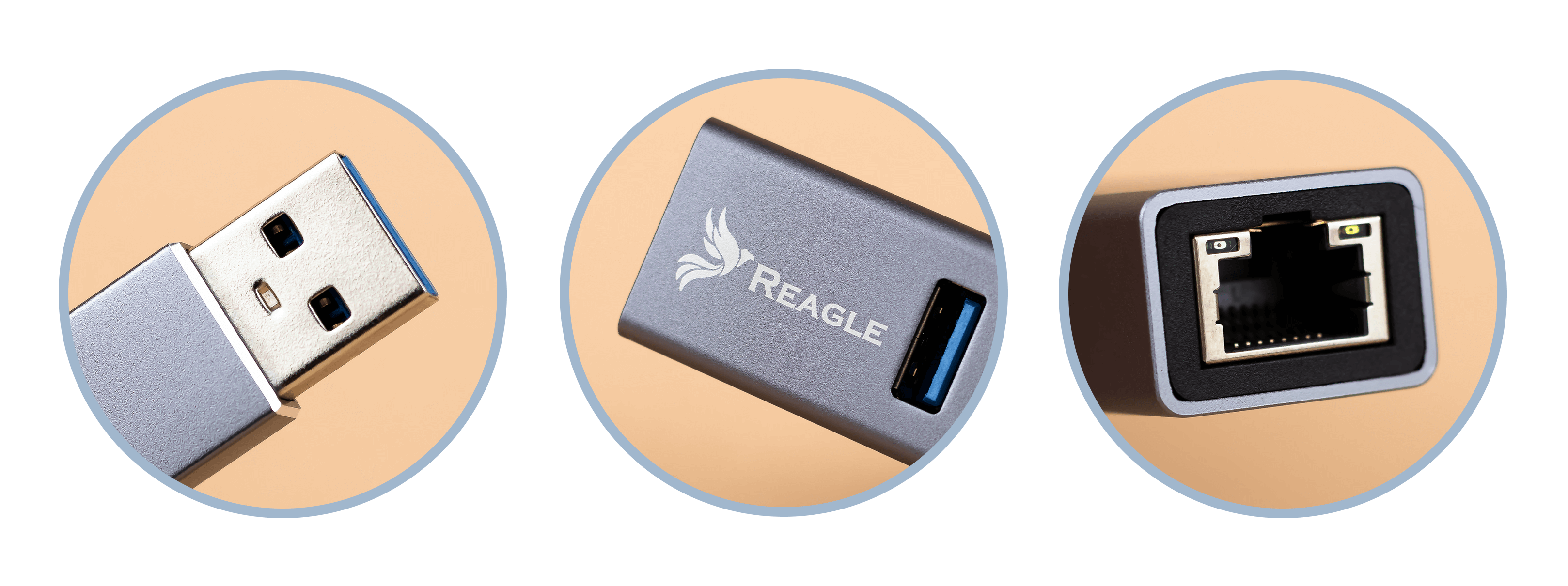 Zbliżenia złącza USB, srebrnego urządzenia z logo i portu sieciowego.