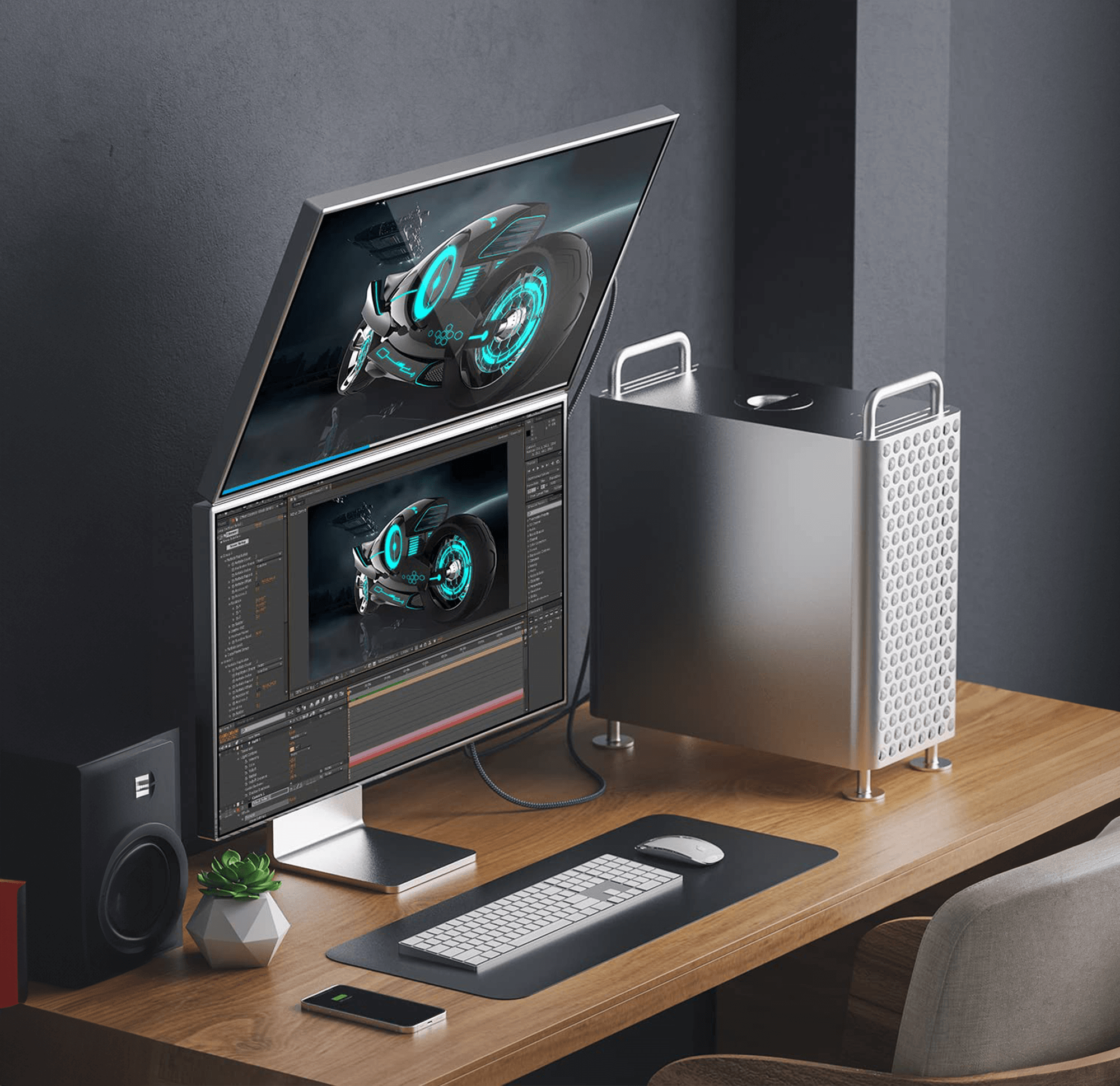 Konfiguracja komputera z dwoma monitorami, komputerem stacjonarnym, klawiaturą i myszą. Tło to ciemnoszara ściana.