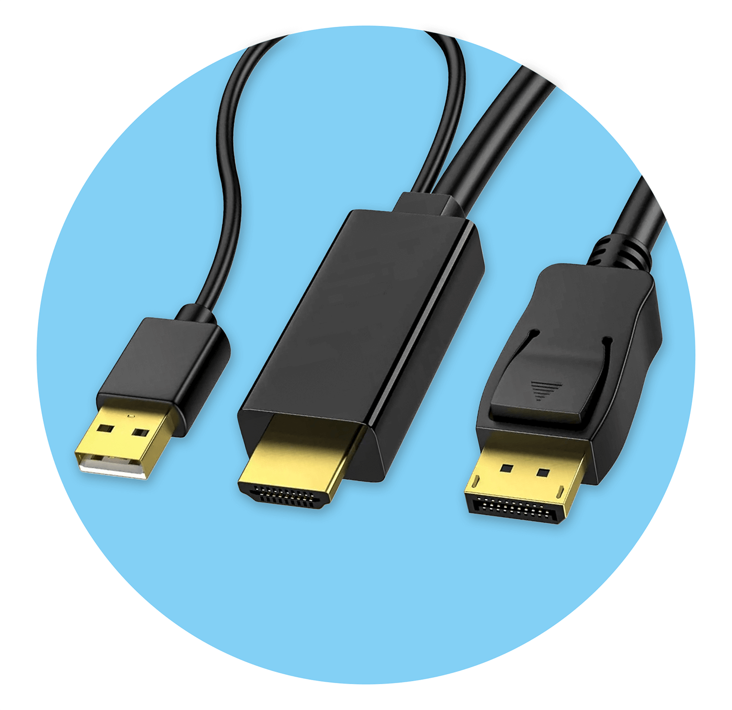 Trzy czarne kable z różnymi złączami: USB, HDMI i DisplayPort, na niebieskim tle.