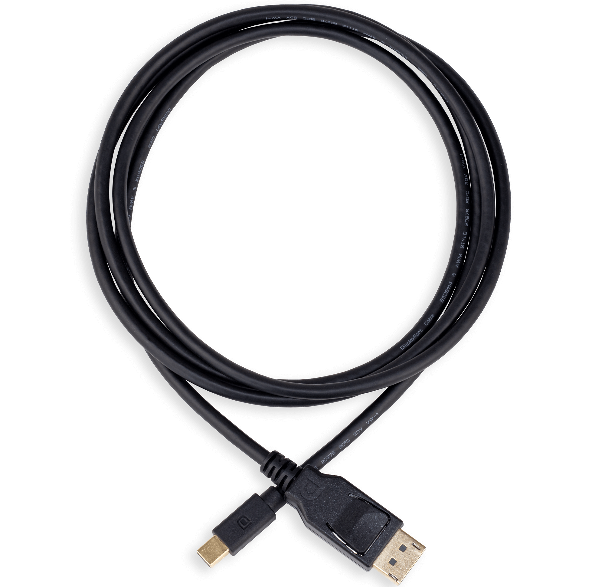Czarny kabel DisplayPort ze złączem USB-C na jednym końcu i złączem DisplayPort na drugim.