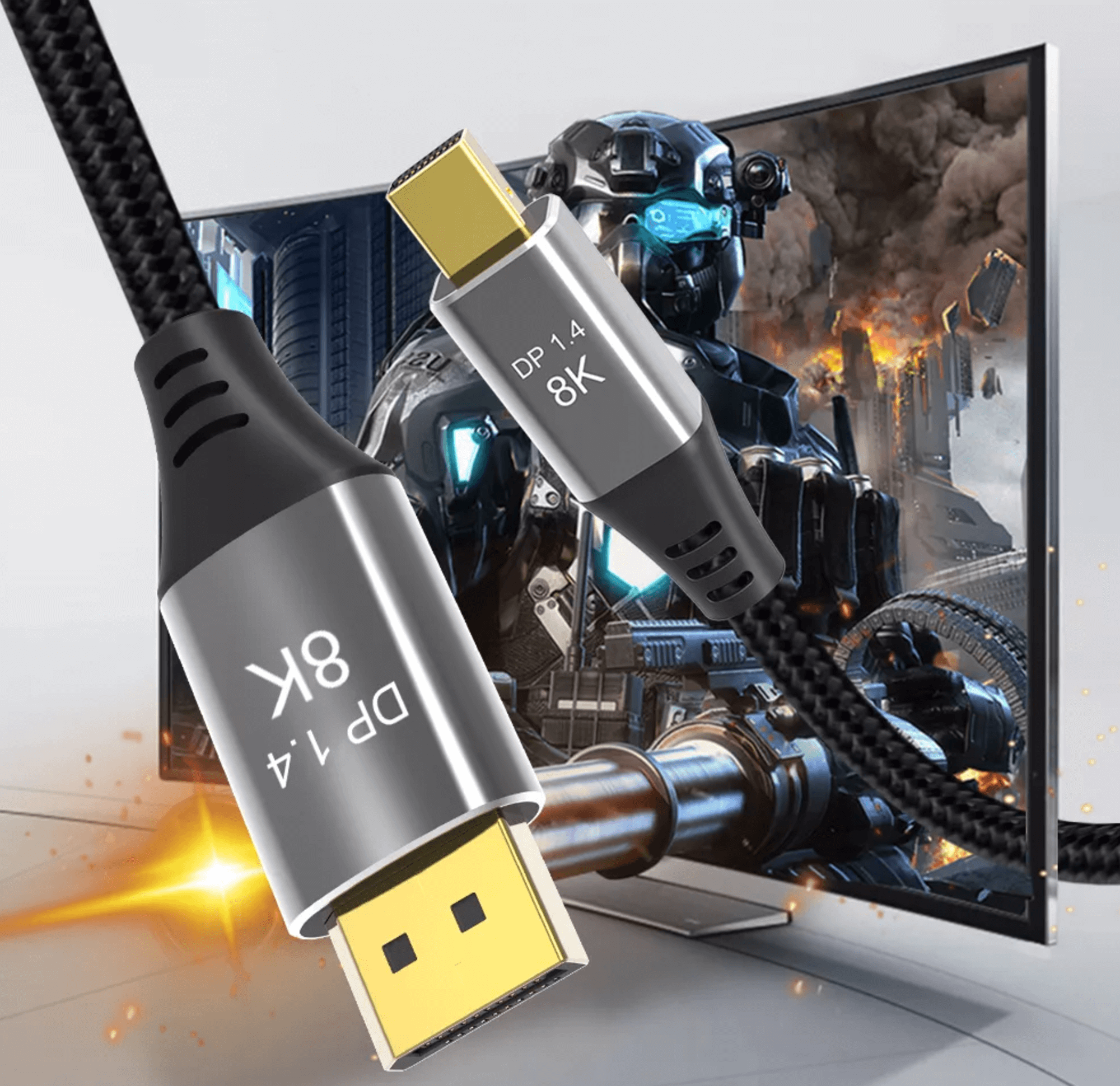 Czarny i srebrny kabel. Złącza na każdym końcu. Biały i srebrny tekst DP 1.4 8K.