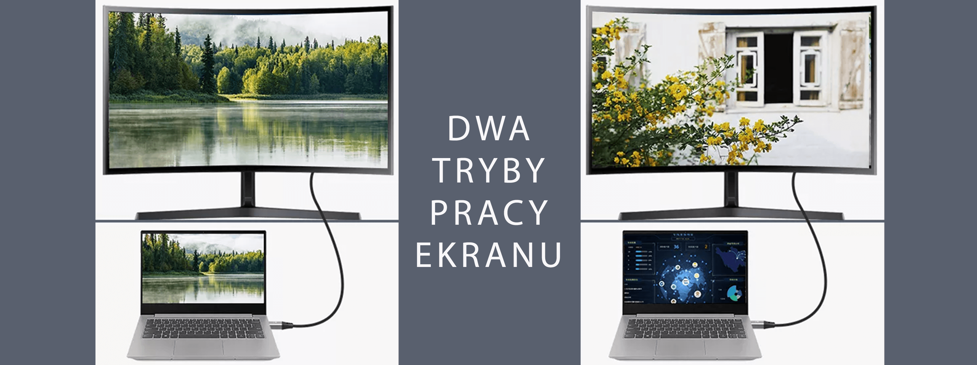 Dwa ekrany wyświetlające różne treści, podłączone do laptopa.