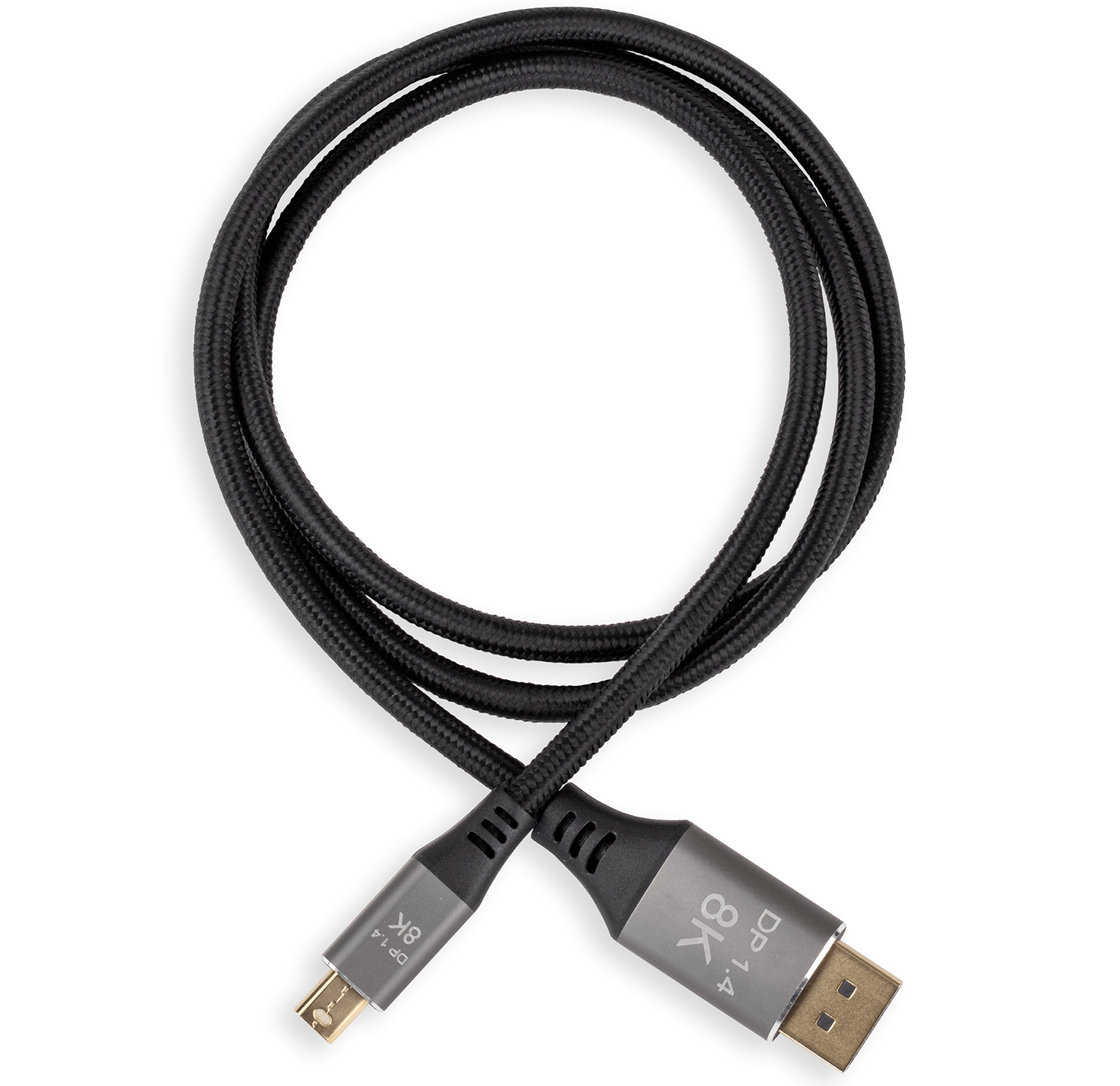 Czarny kabel 8K DP 1.4 ze złączami na obu końcach, białe tło.
