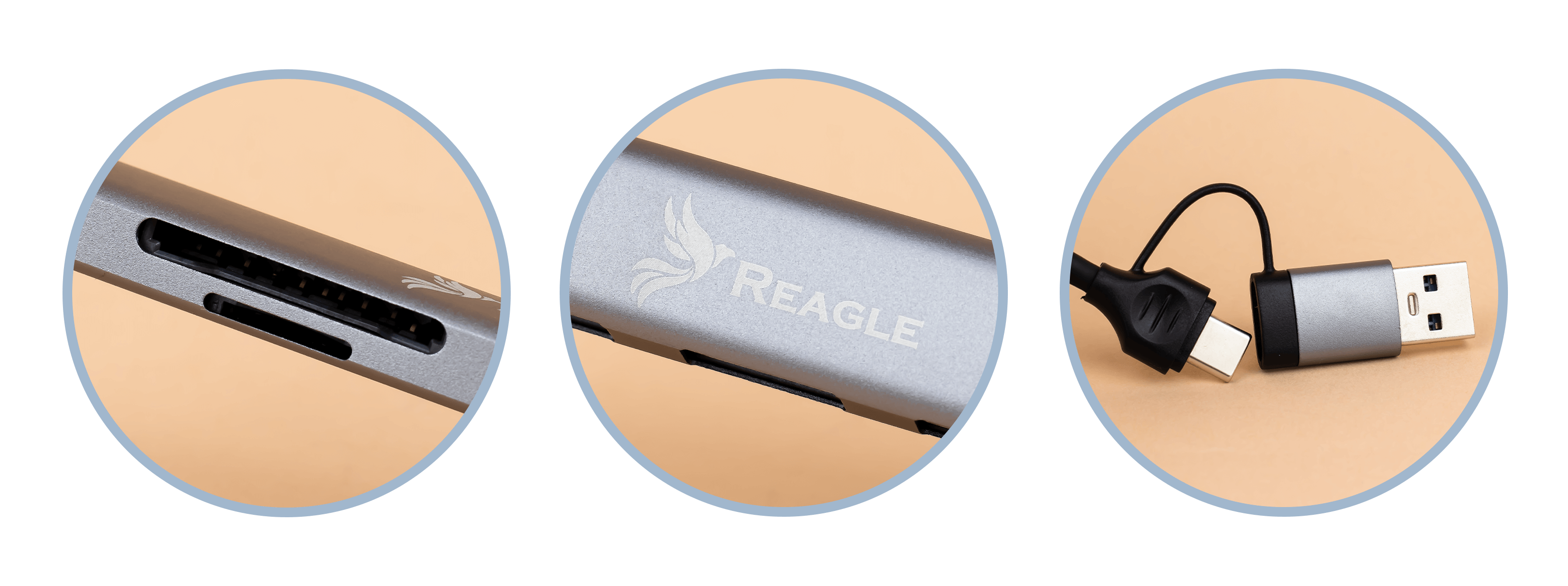 Viste ravvicinate di un hub Reagle grigio, che mostrano porte e un cavo di collegamento.