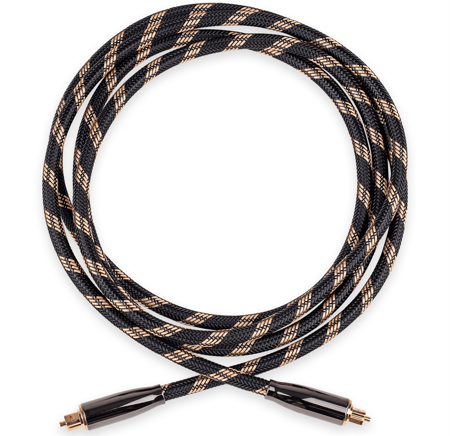 Zwinięty czarny kabel ze złotymi akcentami, tworzący okrąg, na białym tle.