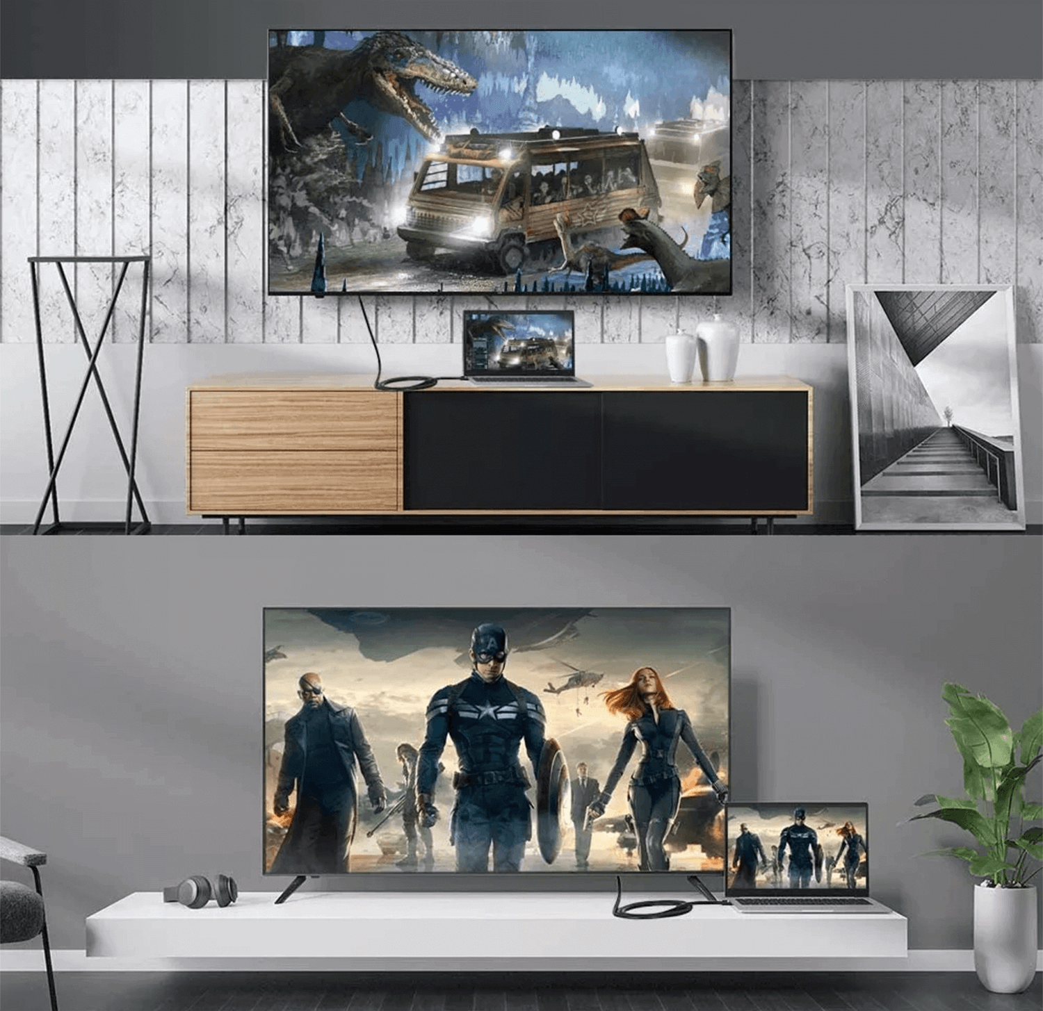 Dwa telewizory z różnymi filmami na szafce. Dolny TV pokazuje film Kapitan Ameryka.