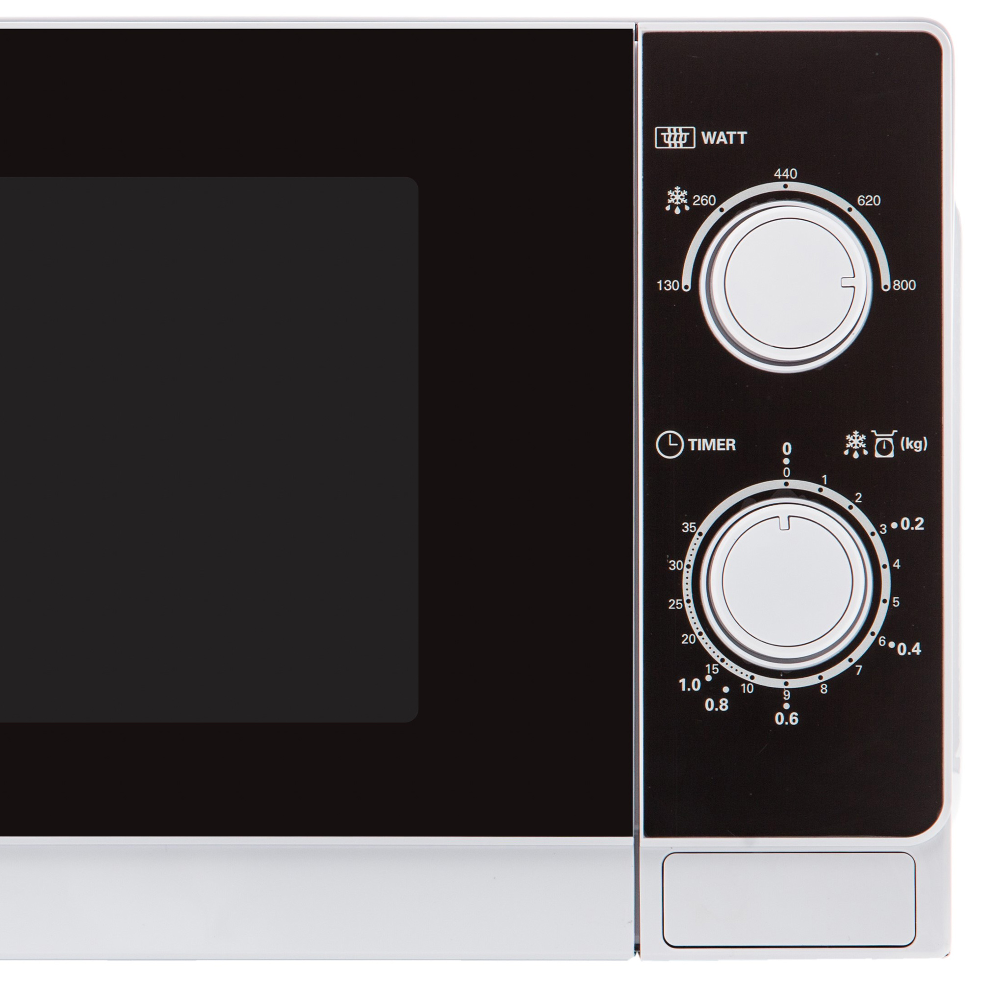 Panel de control de microondas, negro con detalles blancos, mostrando ajustes de temporizador y potencia.