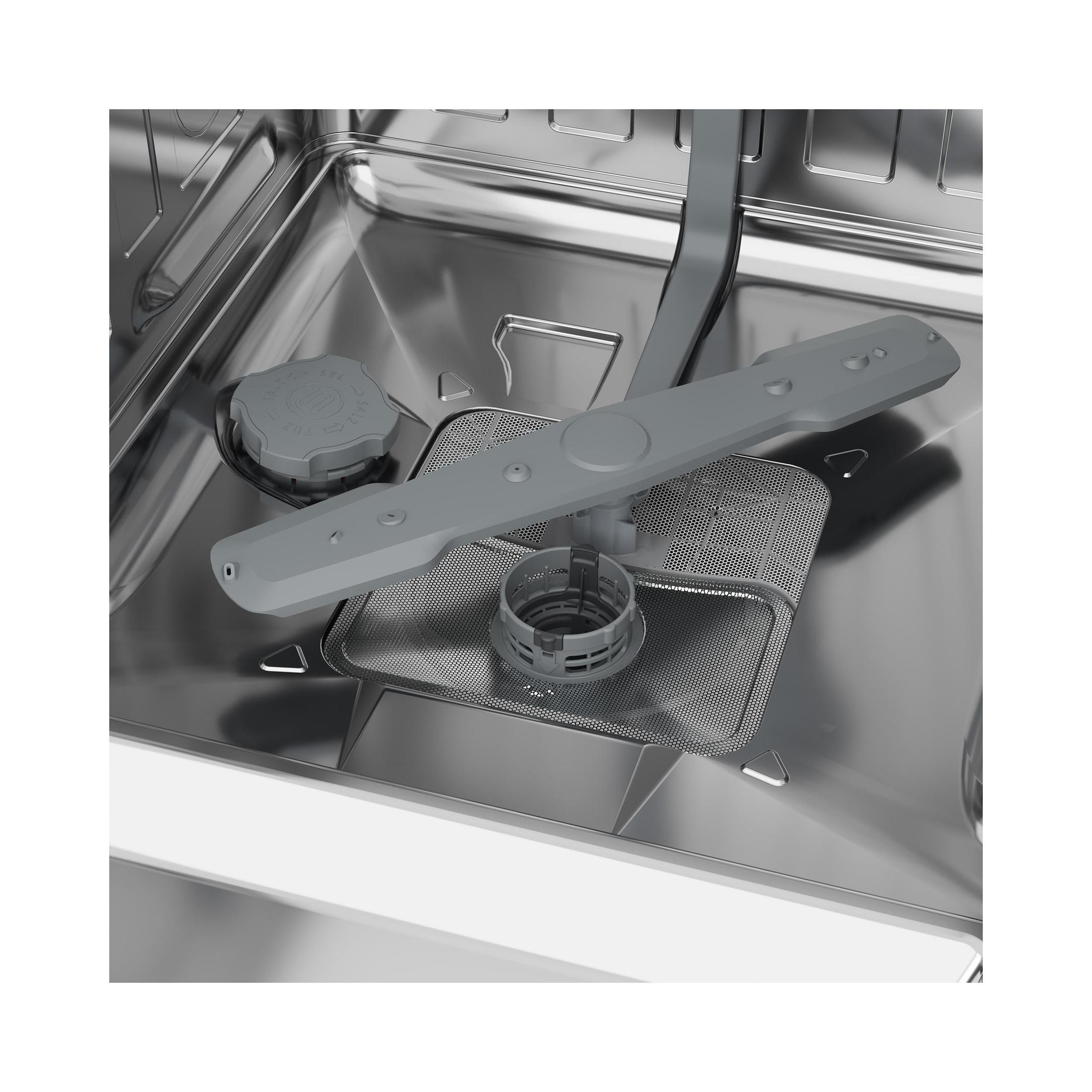 In einer Spülmaschine: grauer Sprüher, Filter und grauer Deckel. Silbernes Innere. Weißer Rahmen.