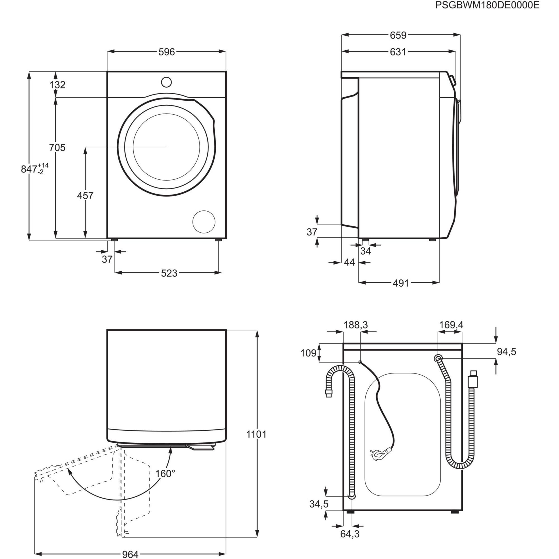 Technische Zeichnung einer Waschmaschine mit Maßen.