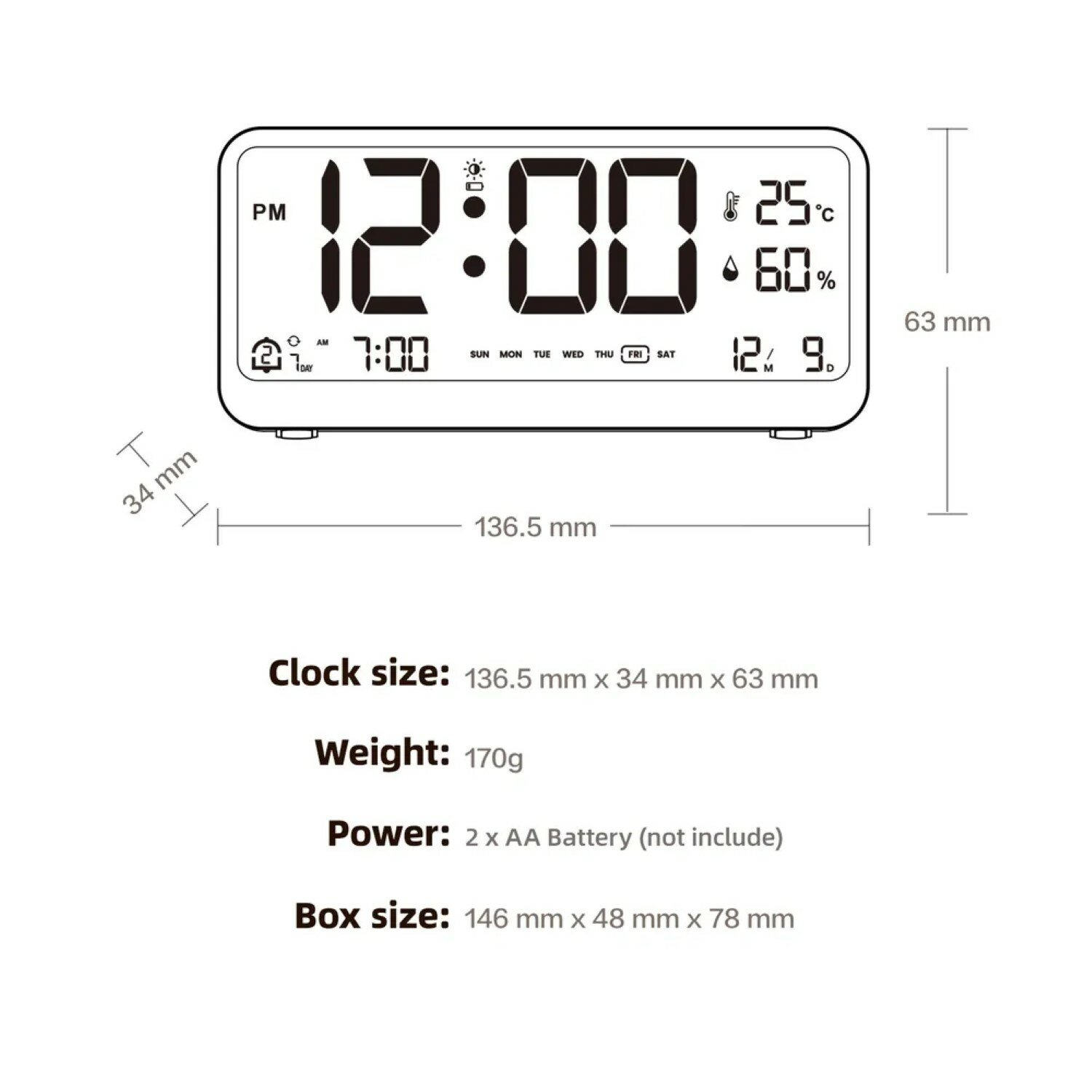 Eine Digitaluhr mit Abmessungen. Zeigt 12:00 PM, Temperatur und Datum an.
