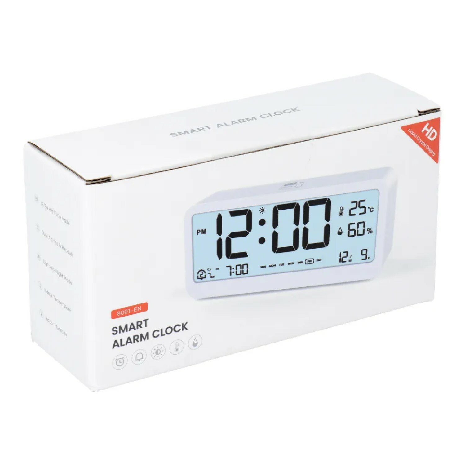 Eine weiße Box mit einer digitalen Smart-Wecker, die Zeit und Temperatur anzeigt.