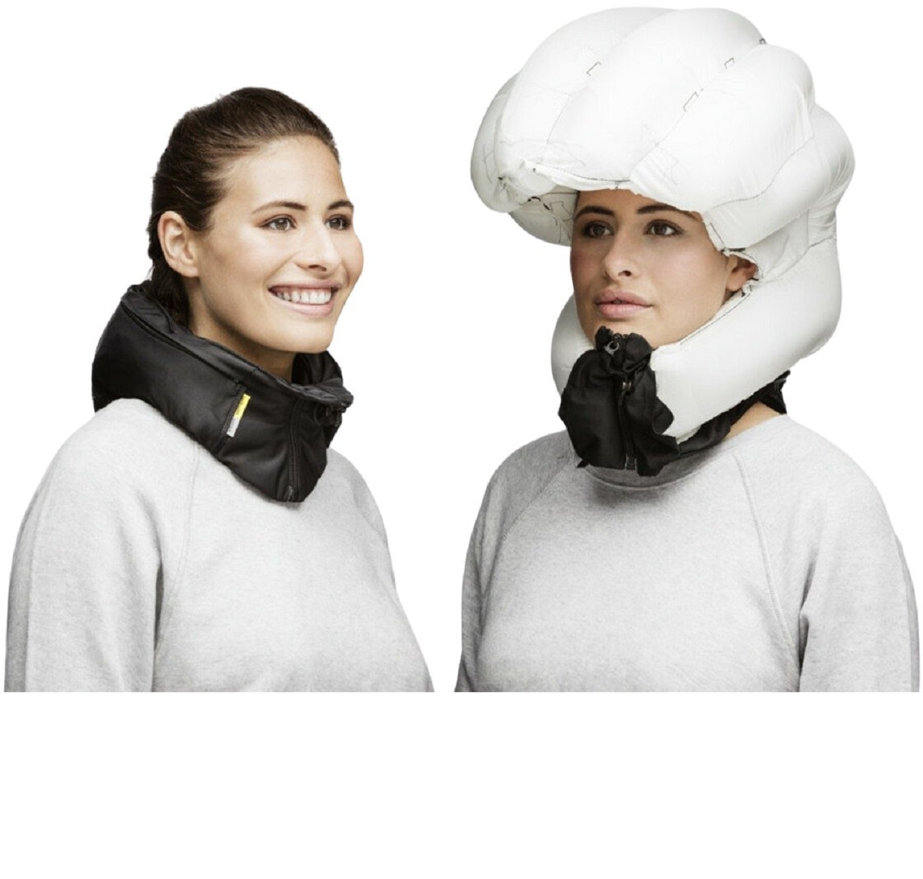 Zwei Frauen, eine mit Nackenschutz, die andere mit aufgeblasenem Helm, beide in grauen Hemden.