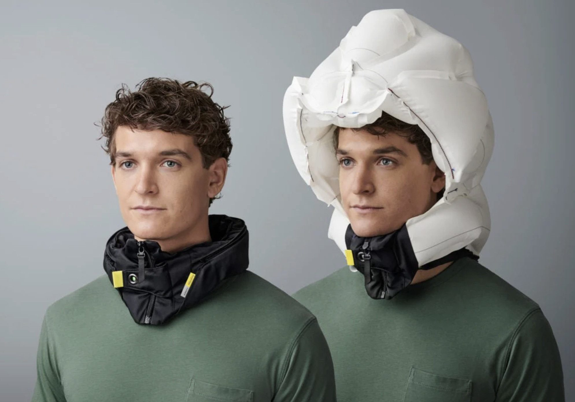 Ein Mann mit und ohne weißen Airbag-Helm, schwarzem Nackenkrag.