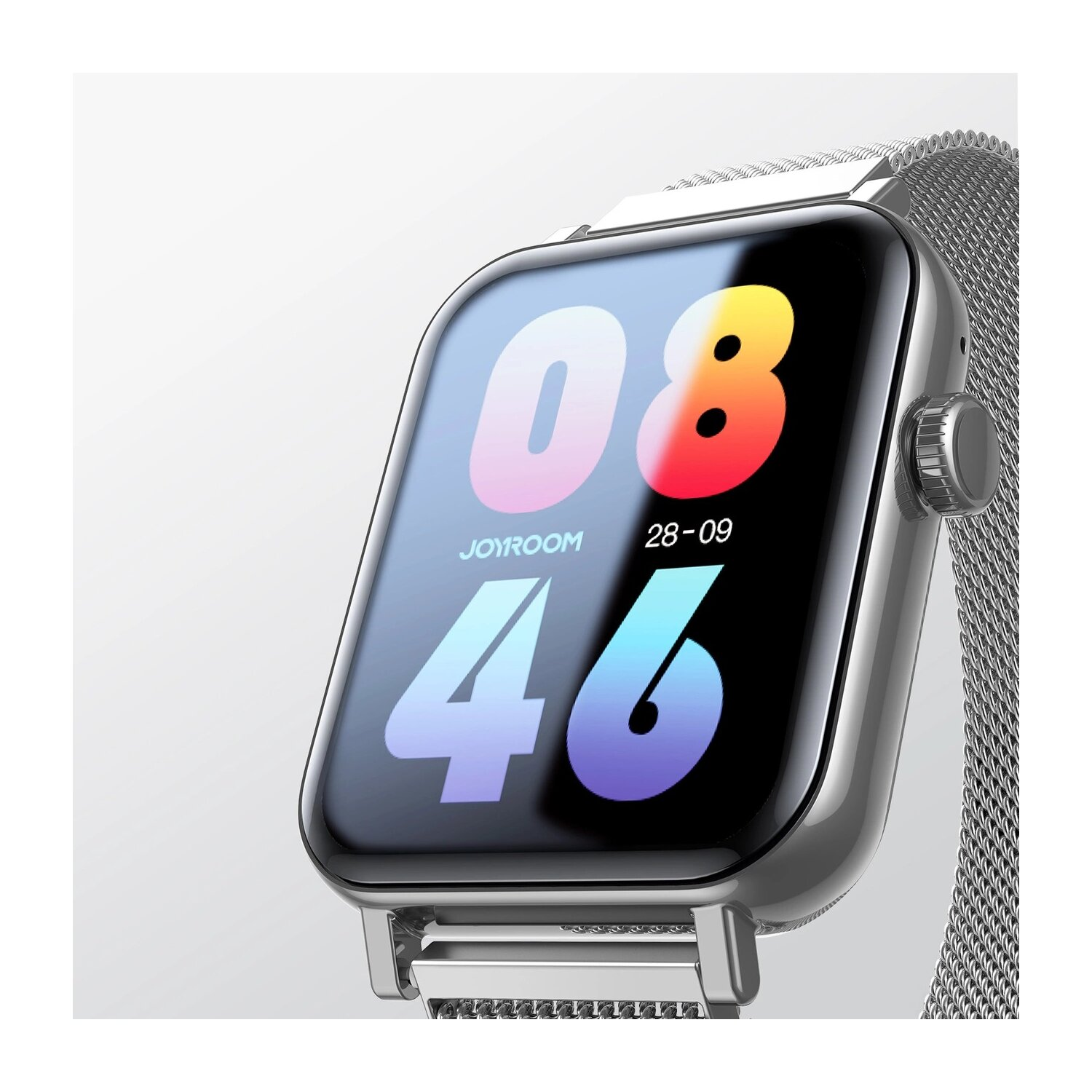 Eine Smartwatch mit Metallarmband, die die Uhrzeit 08:46 auf einem farbenfrohen Display anzeigt.