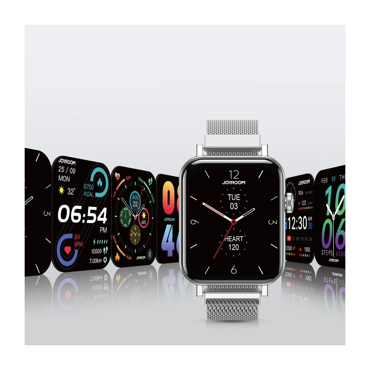 Smartwatch mit mehreren Anzeigen, die Zeit und Gesundheitsdaten zeigen.