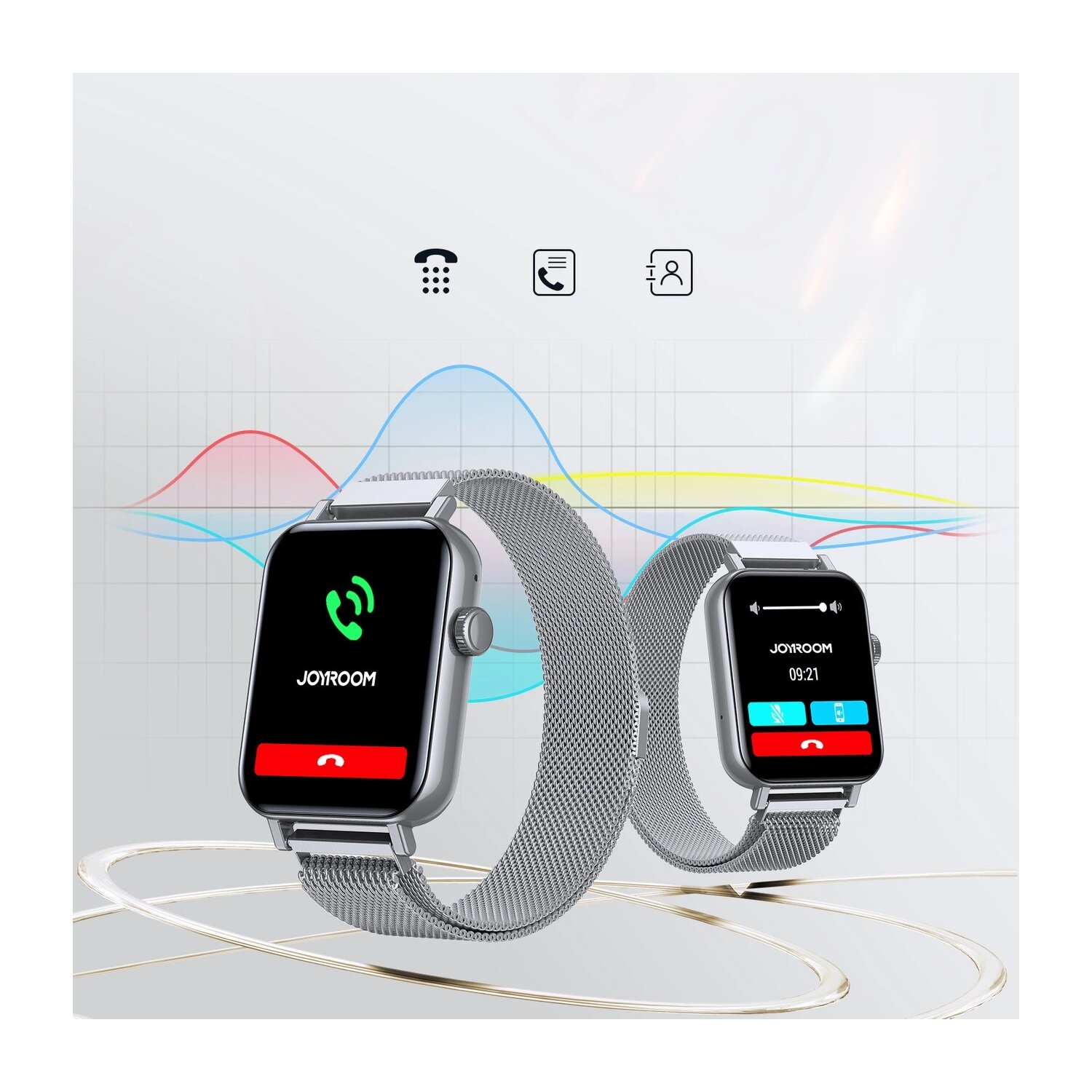 Zwei Smartwatches mit Telefon-, Nachrichten- und Kontakt-Symbolen auf einem Liniendiagramm-Hintergrund.