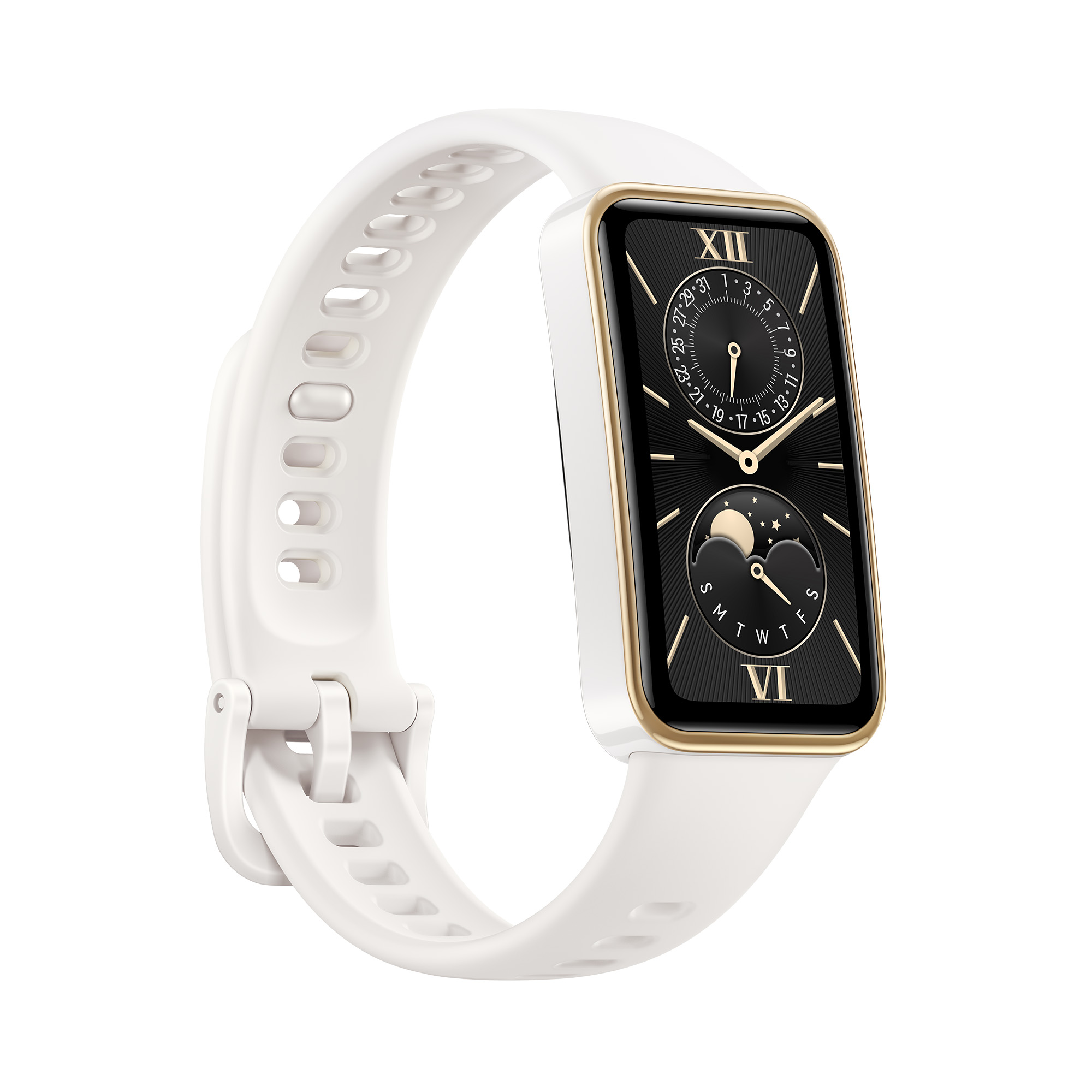 Smartwatch bianco con cornice dorata e cinturino bianco. Quadrante rettangolare, visualizzazione dell'ora.