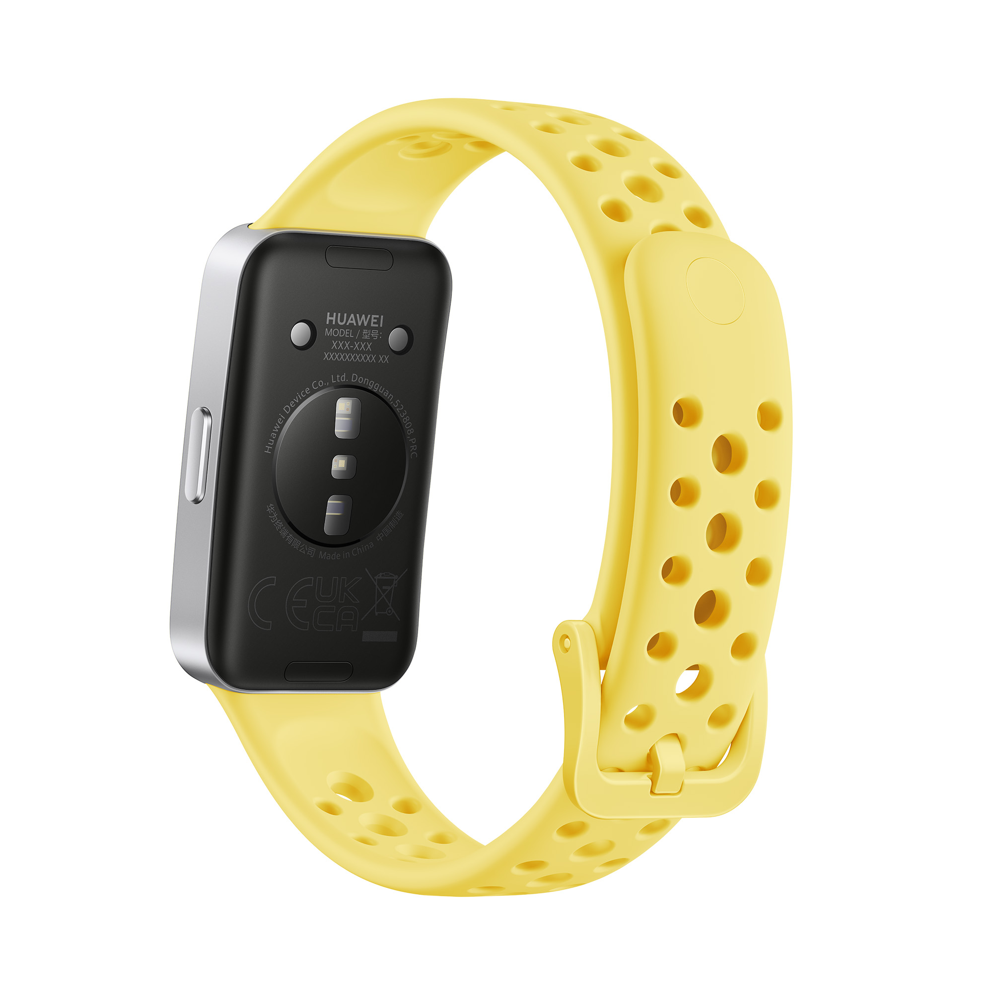 Un cinturino giallo per smartwatch con quadrante nero e fibbia, isolato su bianco.