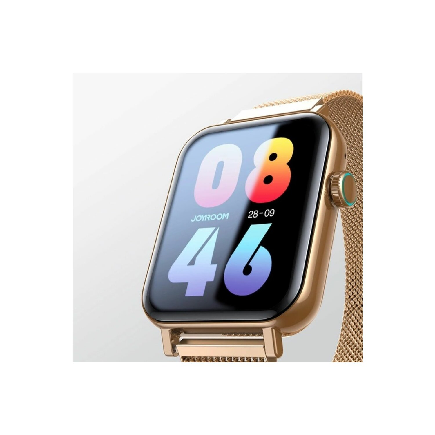 Goldene Smartwatch mit schwarzem Bildschirm. Zeigt die Uhrzeit 08:46 und das Datum an. Goldenes Metallband.