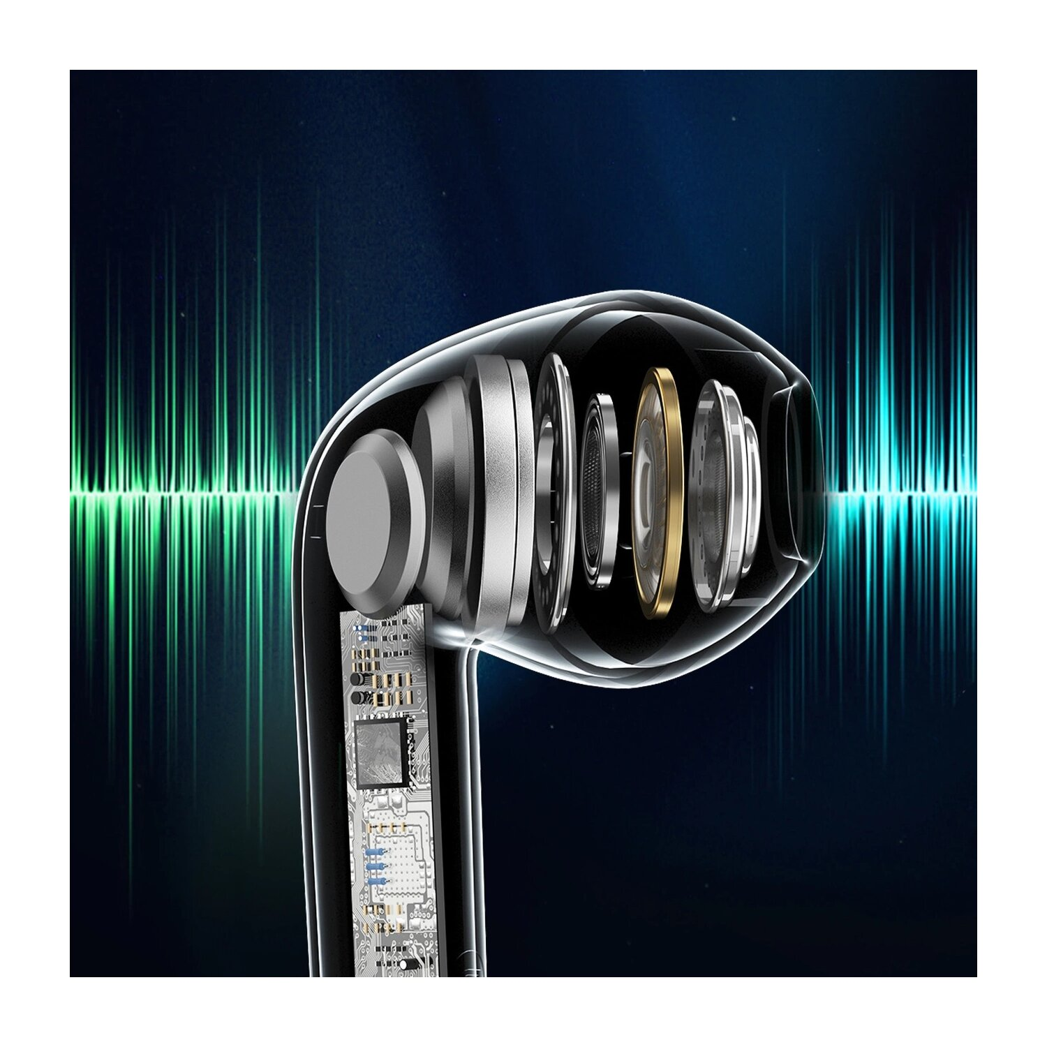 Przezroczysty widok wewnątrz słuchawki, pokazujący wewnętrzne komponenty i fale dźwiękowe.