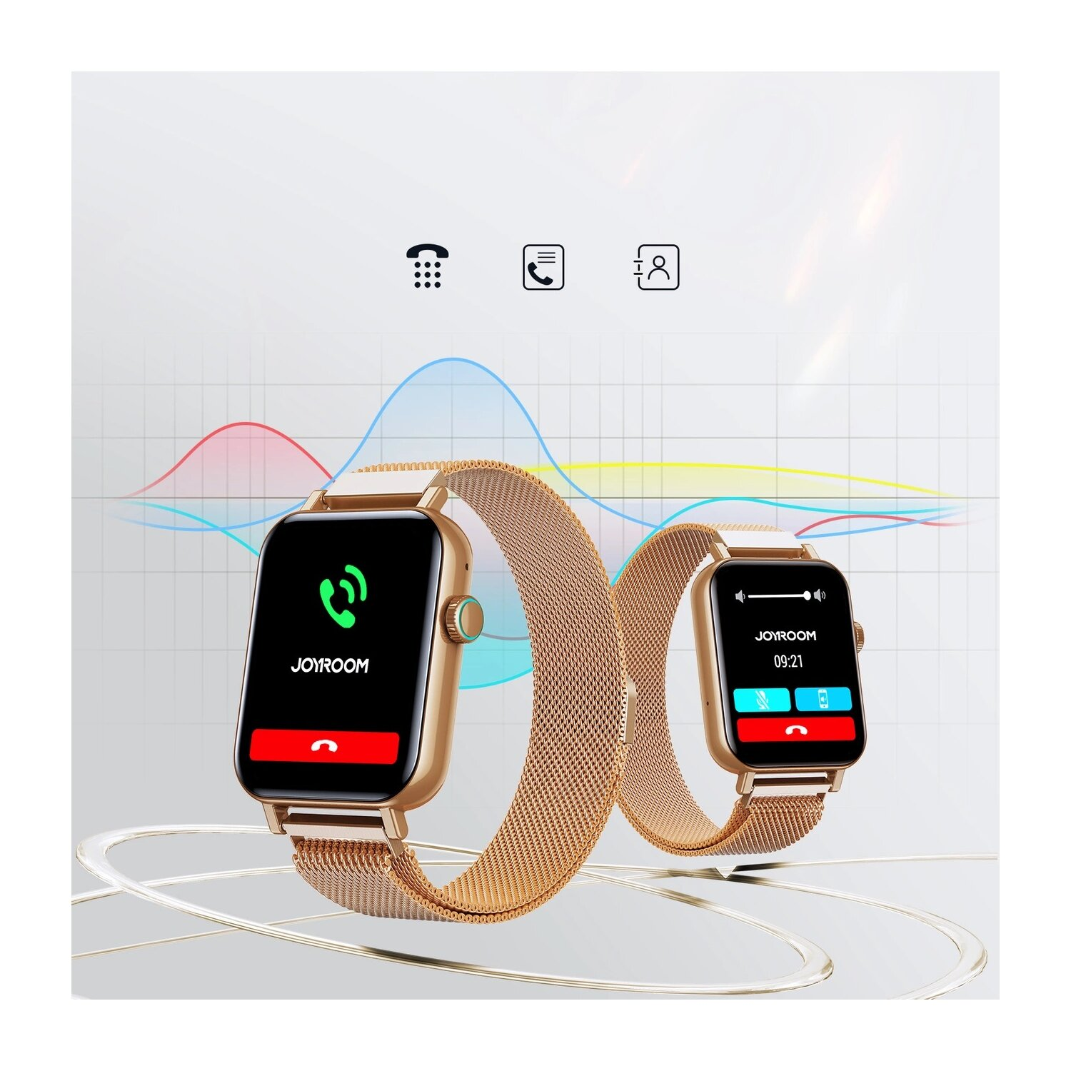 Zwei Smartwatches mit goldenen Armbändern, die Anrufe anzeigen.