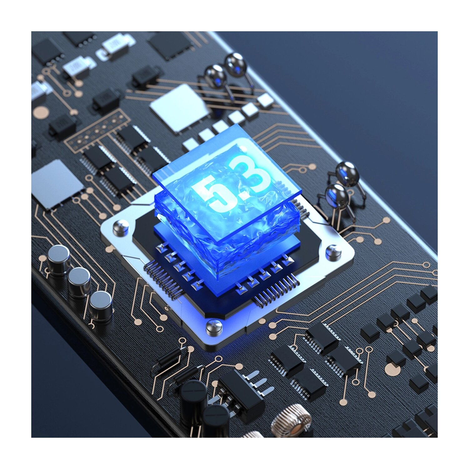 Nahaufnahme einer Platine mit einem leuchtenden blauen Quadrat und mehreren elektronischen Bauteilen.