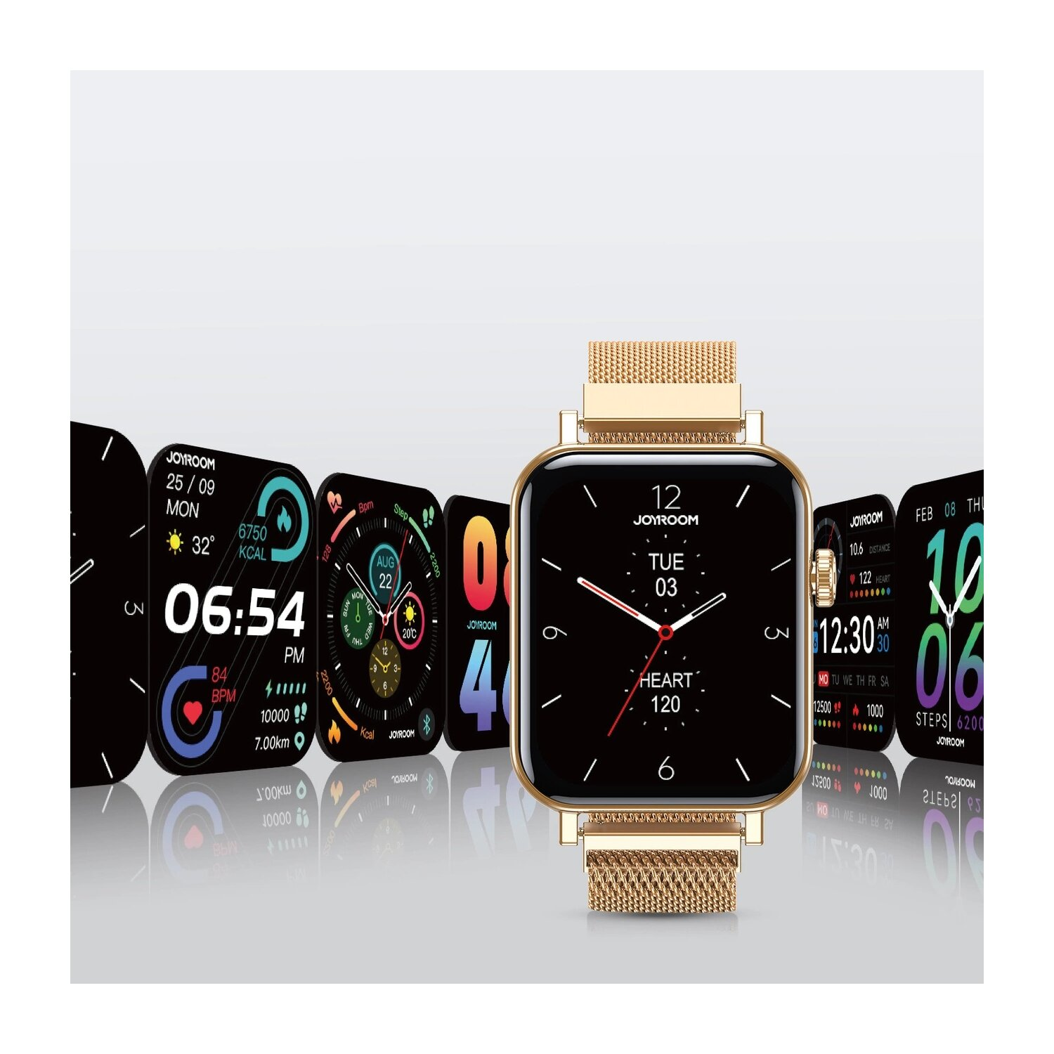 Goldene Smartwatch mit Anzeige von Zeit, Gesundheitsdaten und App-Oberflächensymbolen auf weißem Hintergrund.