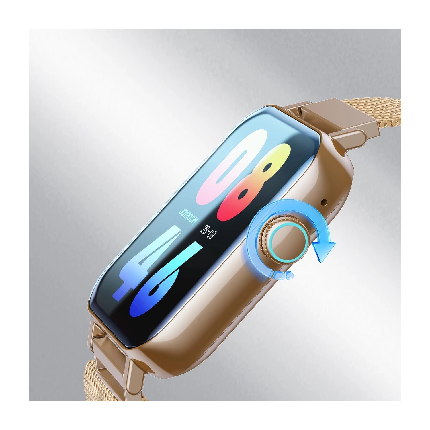 Eine goldene Smartwatch mit digitaler Anzeige, die Zahlen zeigt, und einer blau hervorgehobenen Drehtaste.