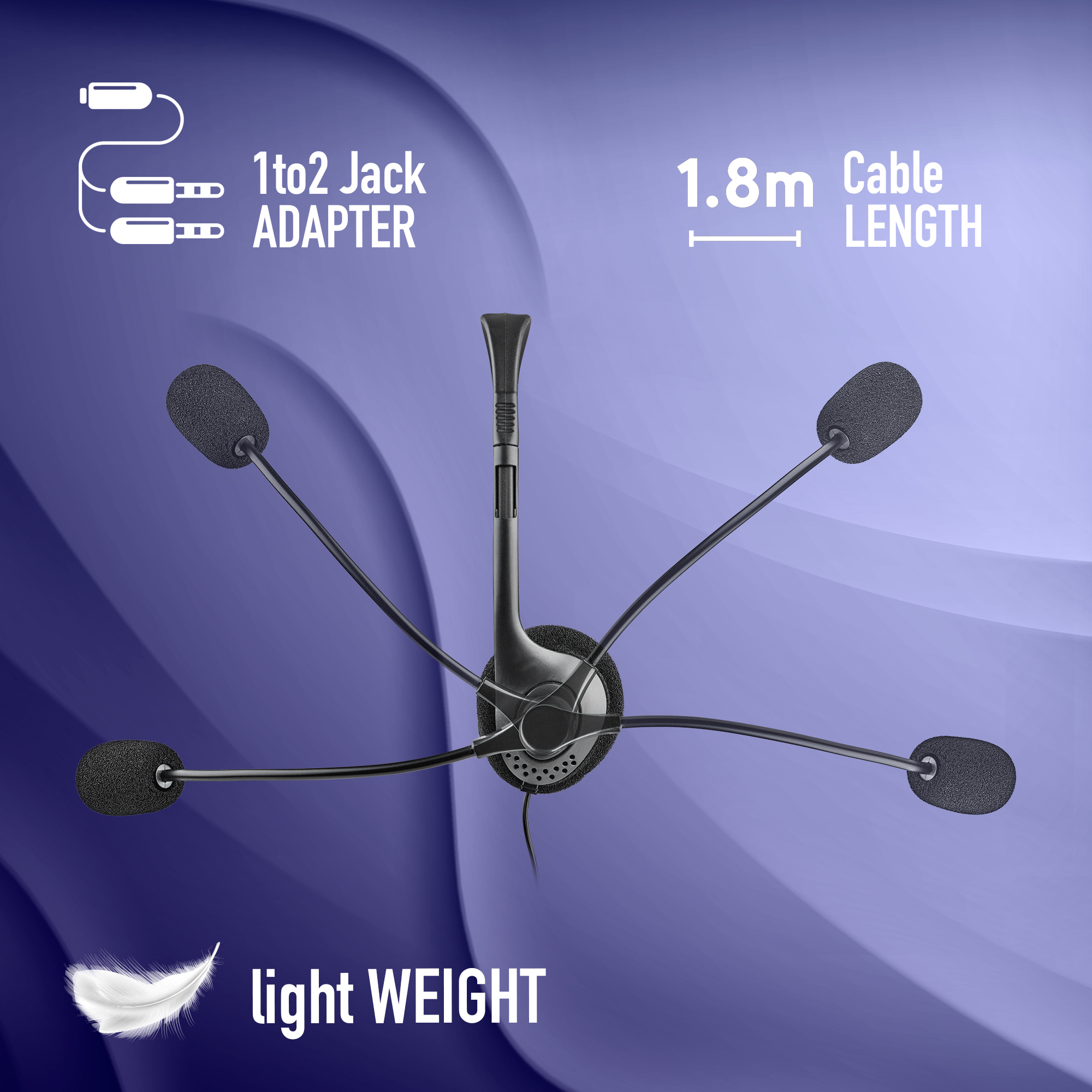 Headset mit mehreren Mikrofonen und einem 1,8 m Kabel.