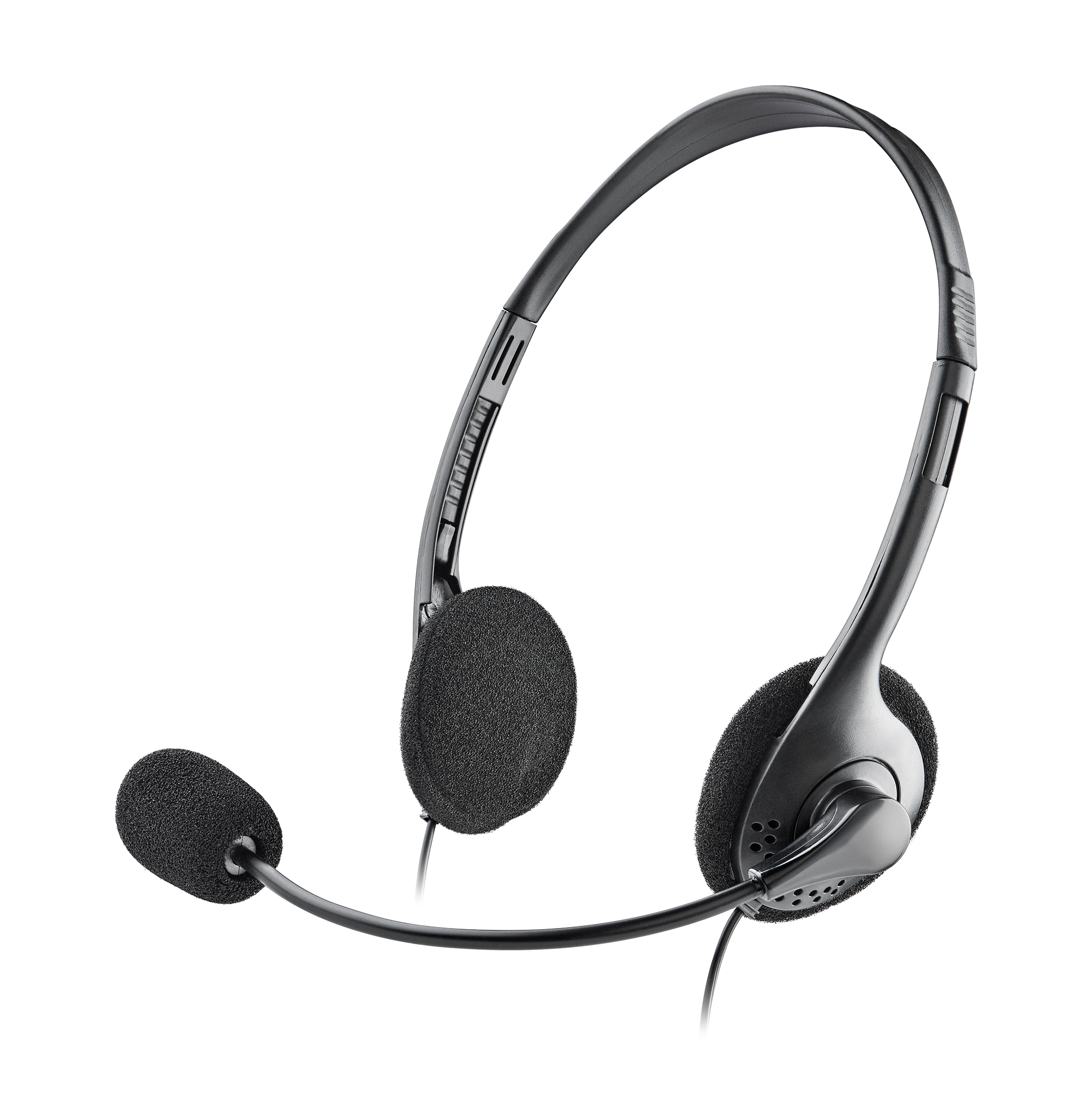 Schwarzes Headset mit Mikrofon auf weißem Hintergrund.