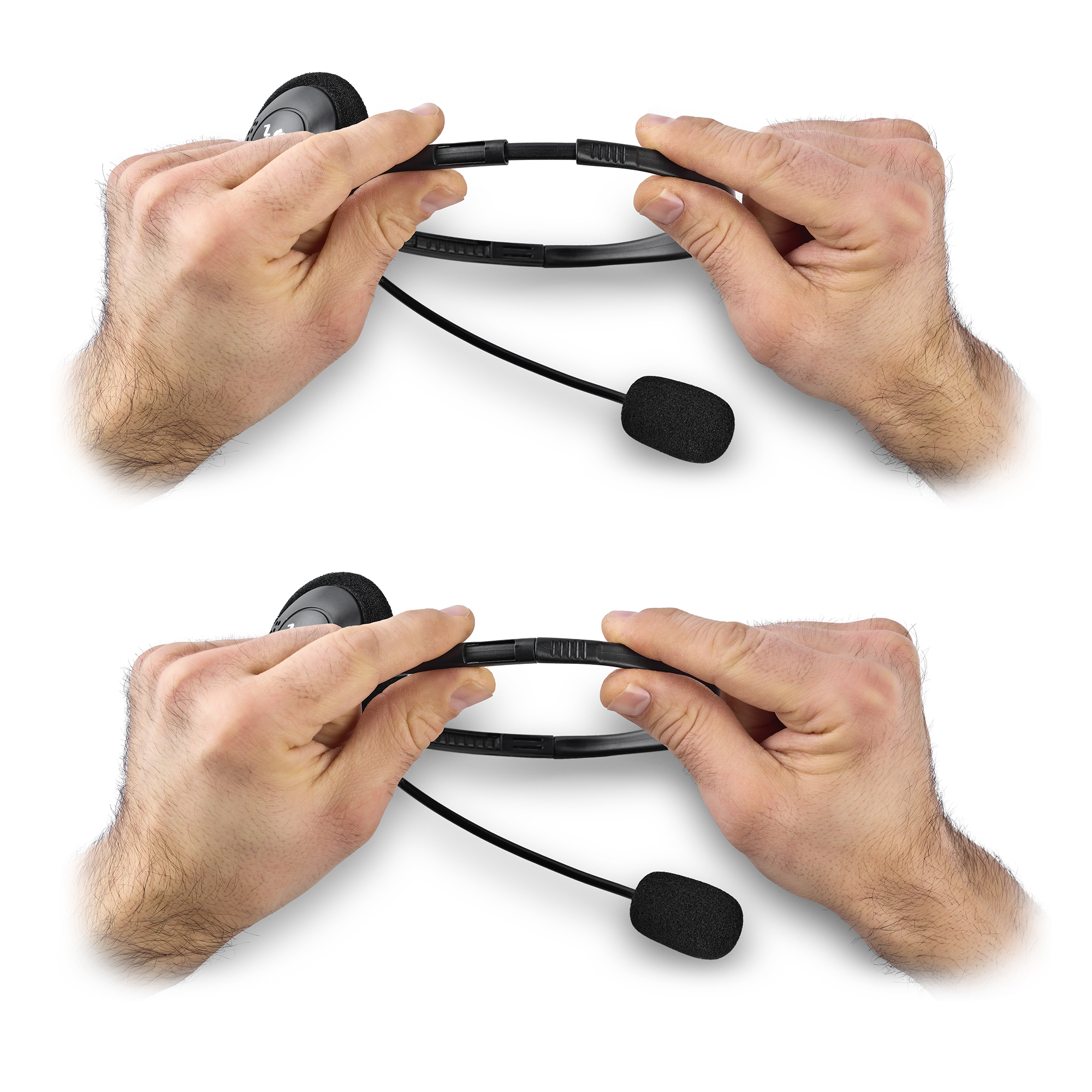 Zwei Hände passen ein Headset mit Mikrofon an, auf weißem Hintergrund.