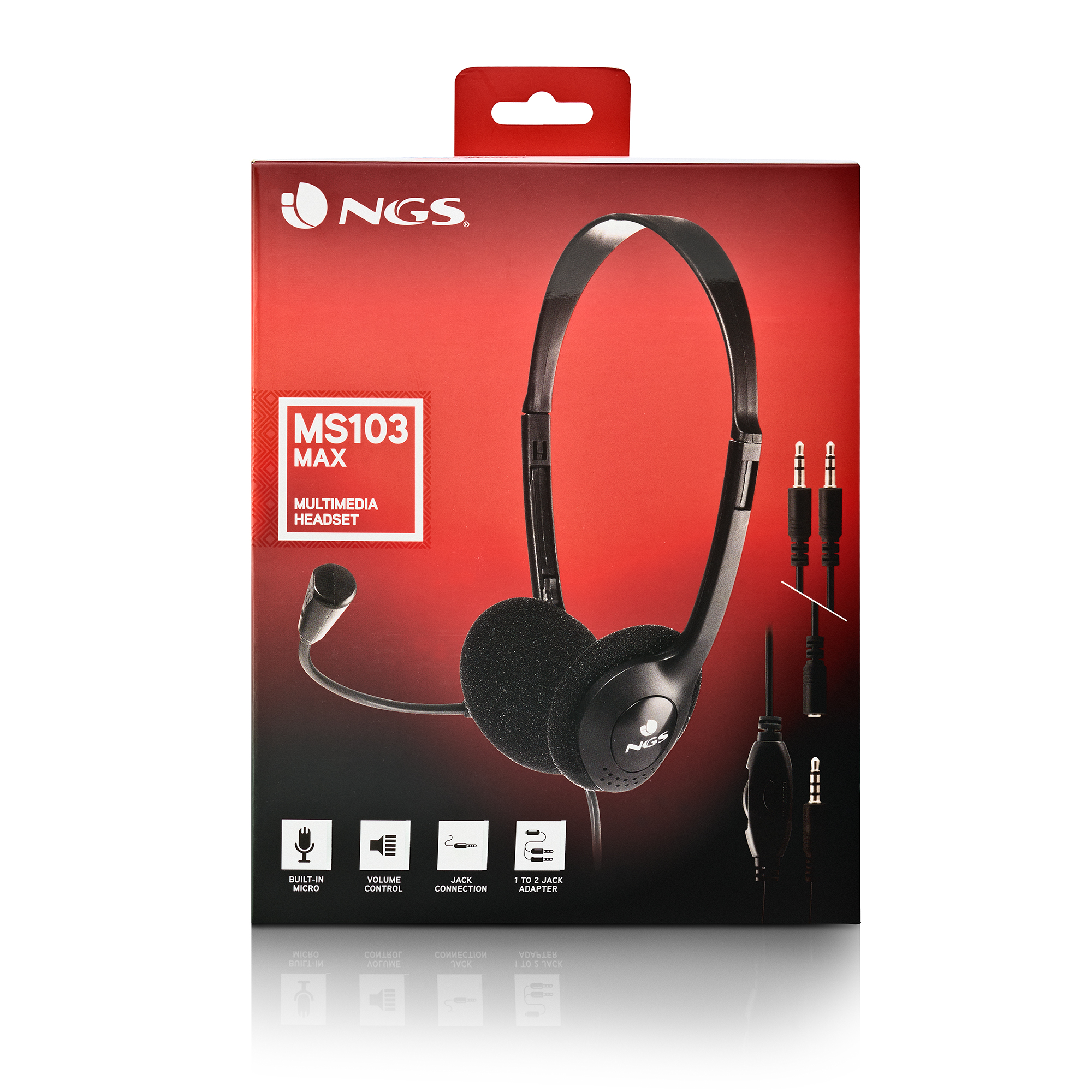 NGS MS103 MAX Multimedia-Headset-Box auf weißem Hintergrund. Zeigt Headset- und Mikrofon-Details.