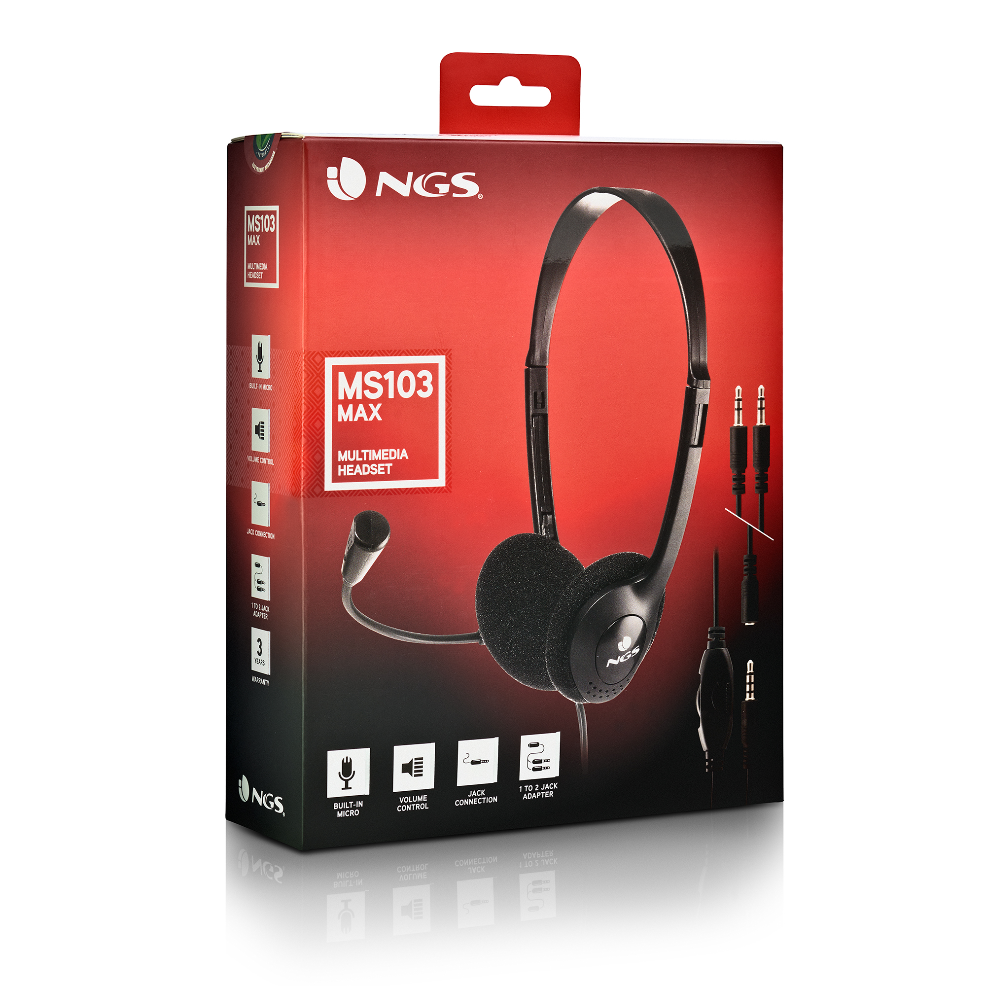 Eine Produktverpackung von MS103 MAX Multimedia-Kopfhörern mit Mikrofon. Die Box ist rot.
