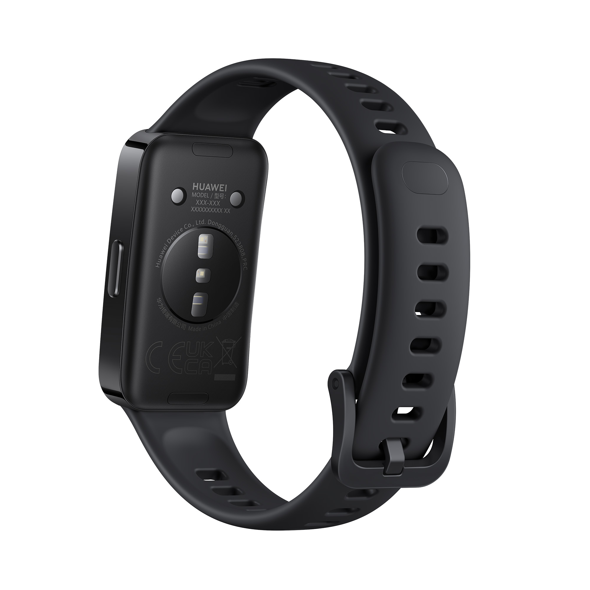 Czarny smartwatch z czarnym paskiem, tył zegarka skierowany jest w stronę kamery.
