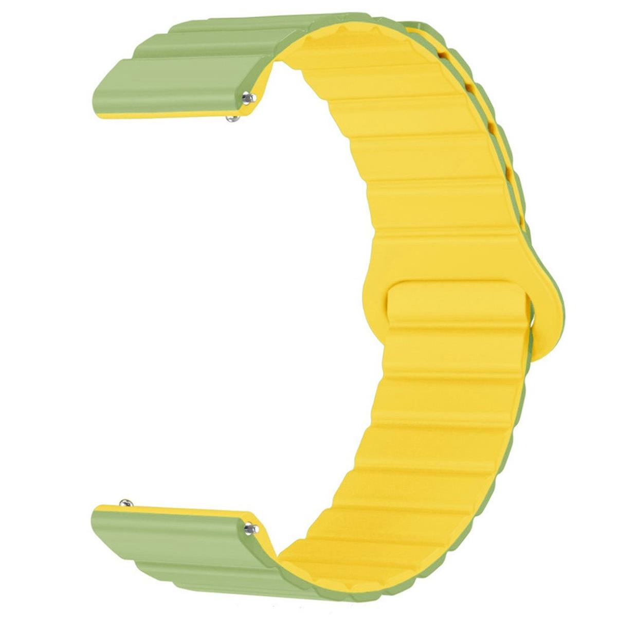 Ein Armband mit grüner und gelber Farbgebung. Es ist gebogen und magnetisch gestaltet.