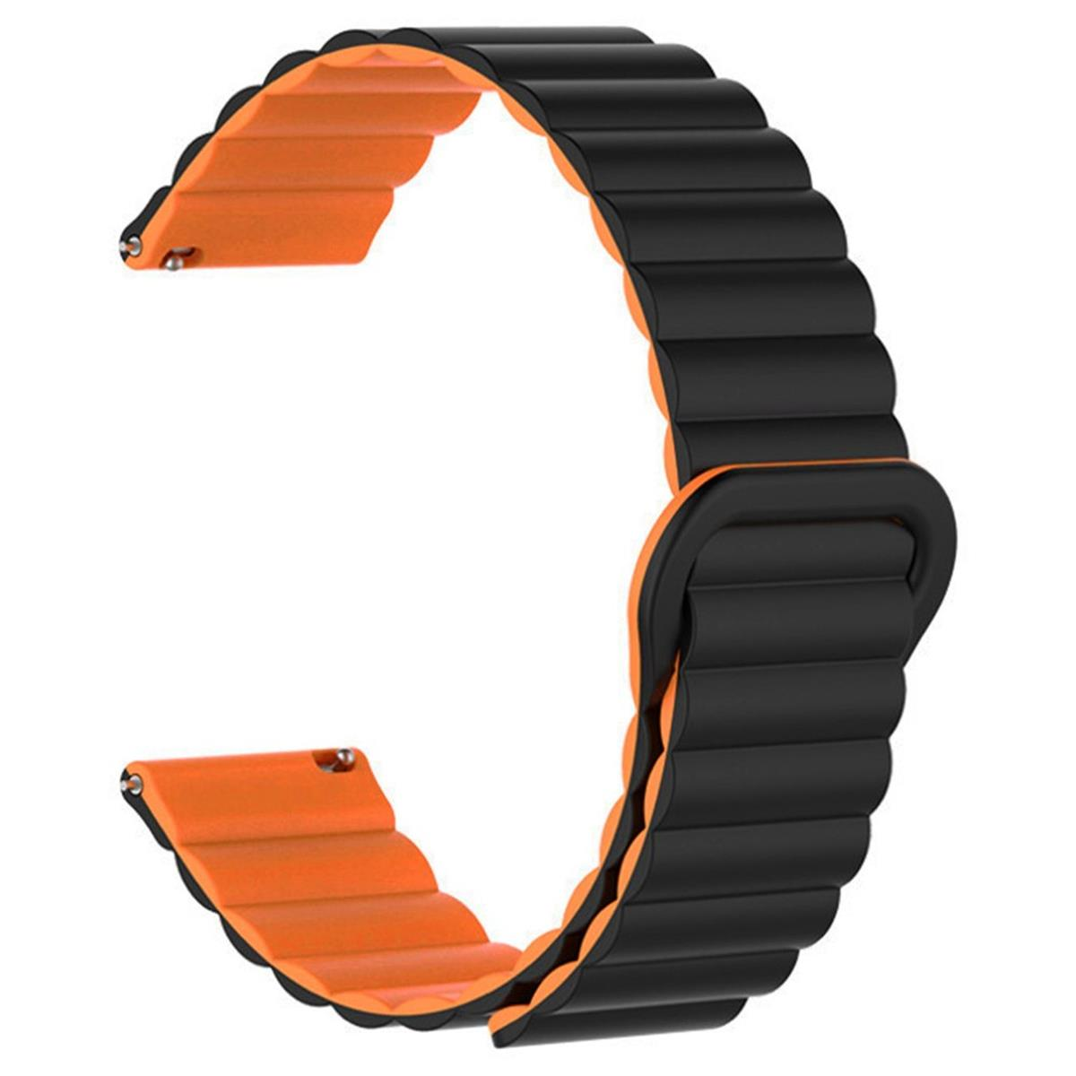 Schwarzes und oranges Uhrenarmband mit Magnetverschluss. Das Armband hat gewellte Kanten.
