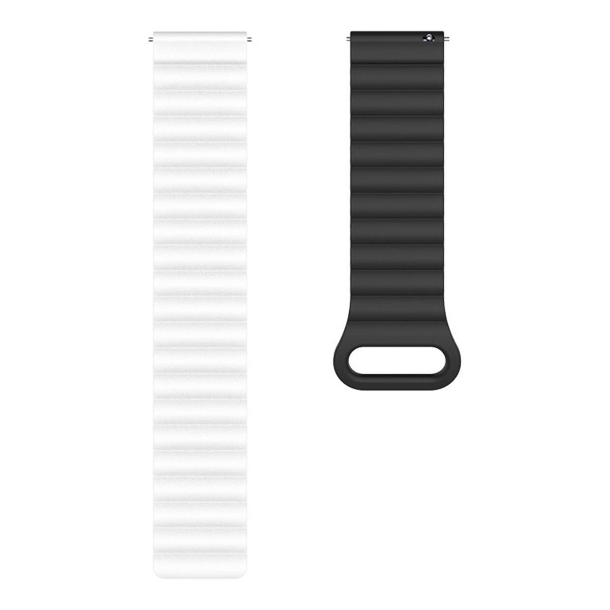 Zwei magnetische Uhrenarmbänder, eines weiß und eines schwarz. Beide sind segmentiert.