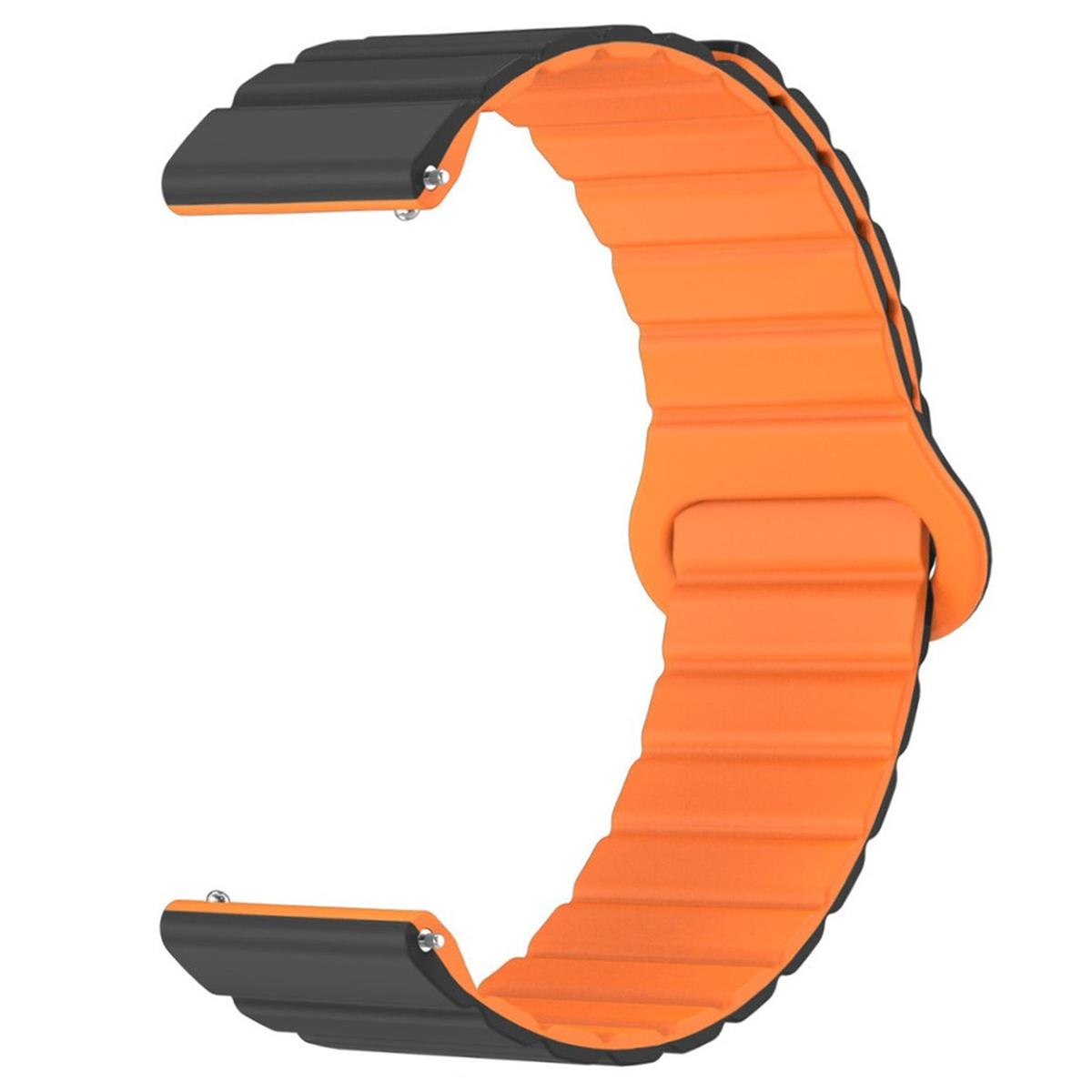 Orangenes und schwarzes Uhrenarmband. Das Armband ist gerippt und hat einen Magnetverschluss.