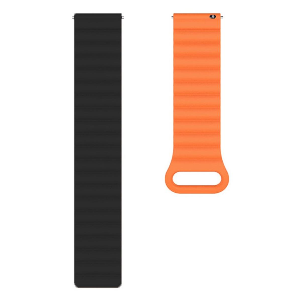 Zwei Uhrenarmbänder, eines schwarz und eines orange. Sie sind magnetisch und haben eine geriffelte Textur.