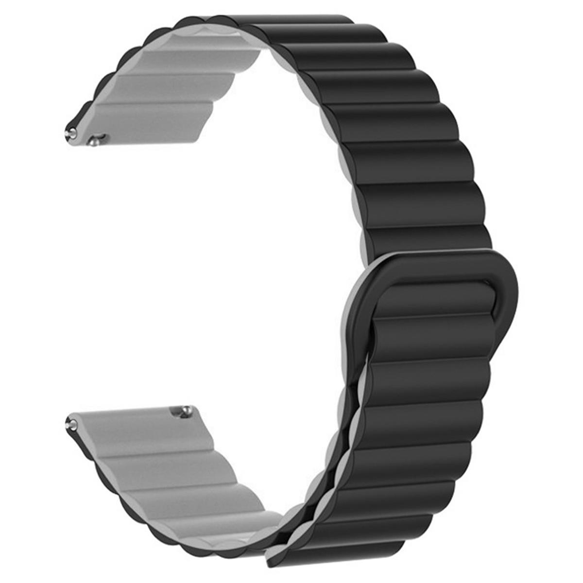 Schwarzes und graues Uhrenarmband mit wellenförmigem Design und Verschluss zum Anbringen an einer Uhr.