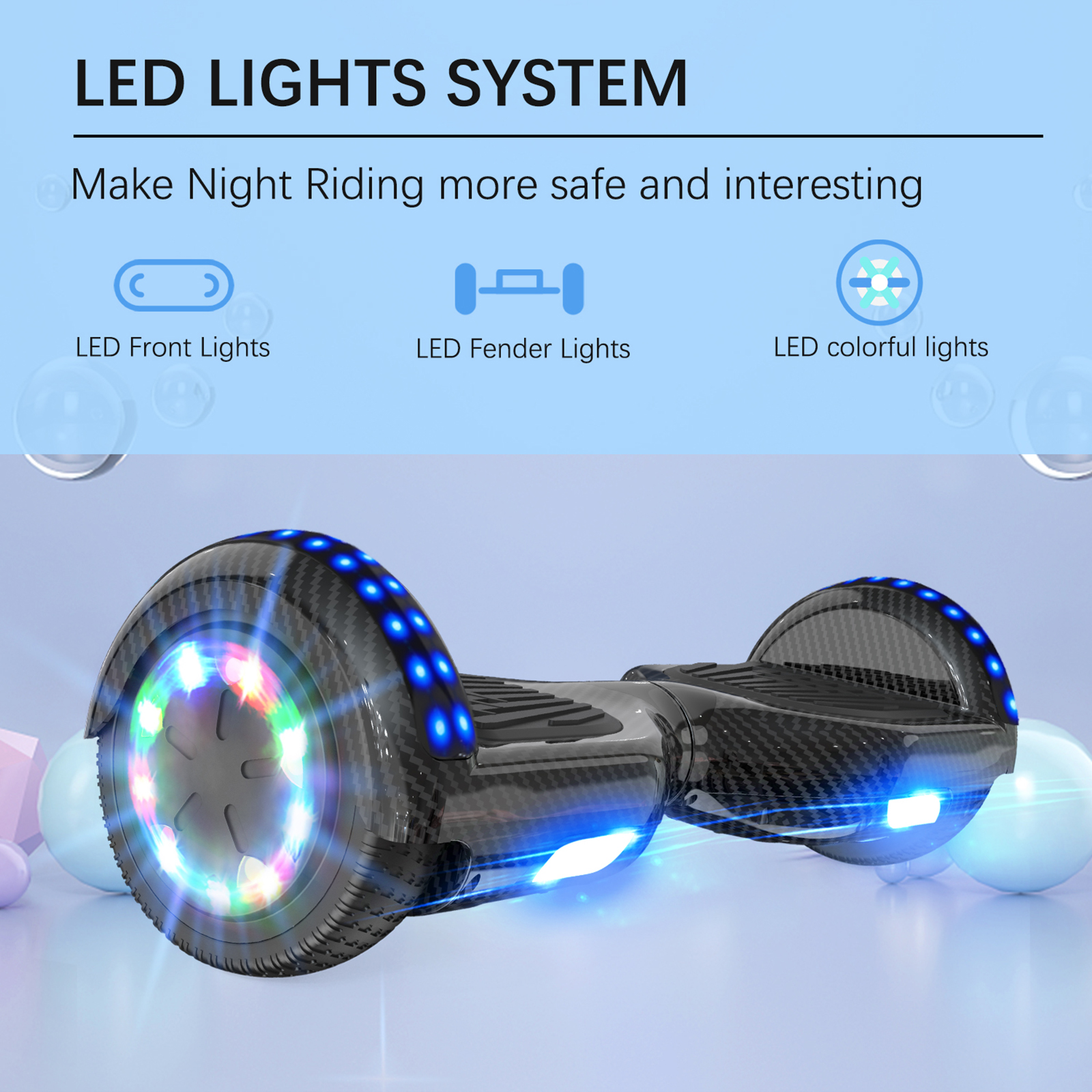 Hoverboard mit Lichtern. Text sagt 'LED Lights System'. Blasen im Hintergrund.